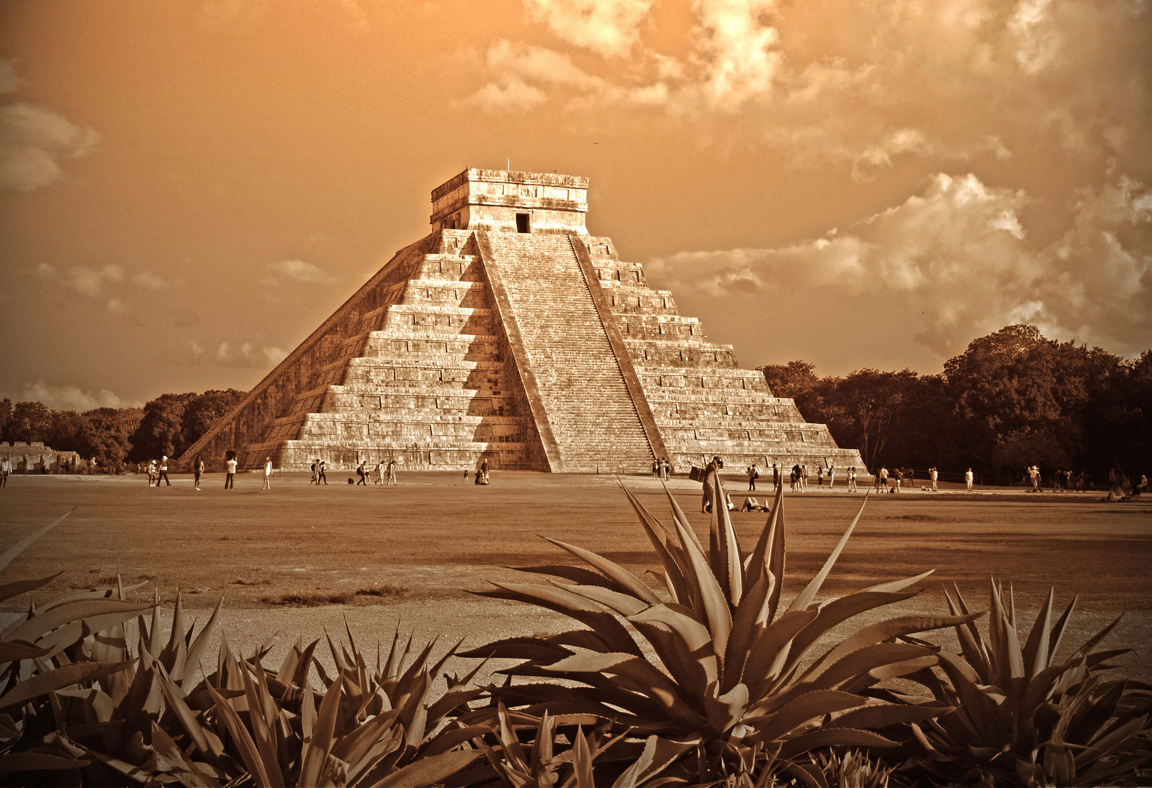 pyramid 桌布 壁紙 — 一座雄偉的古代瑪雅金字塔在溫暖的棕褐色天空下升起，遊客探索其底部，前景有尖銳的龍舌蘭植物。