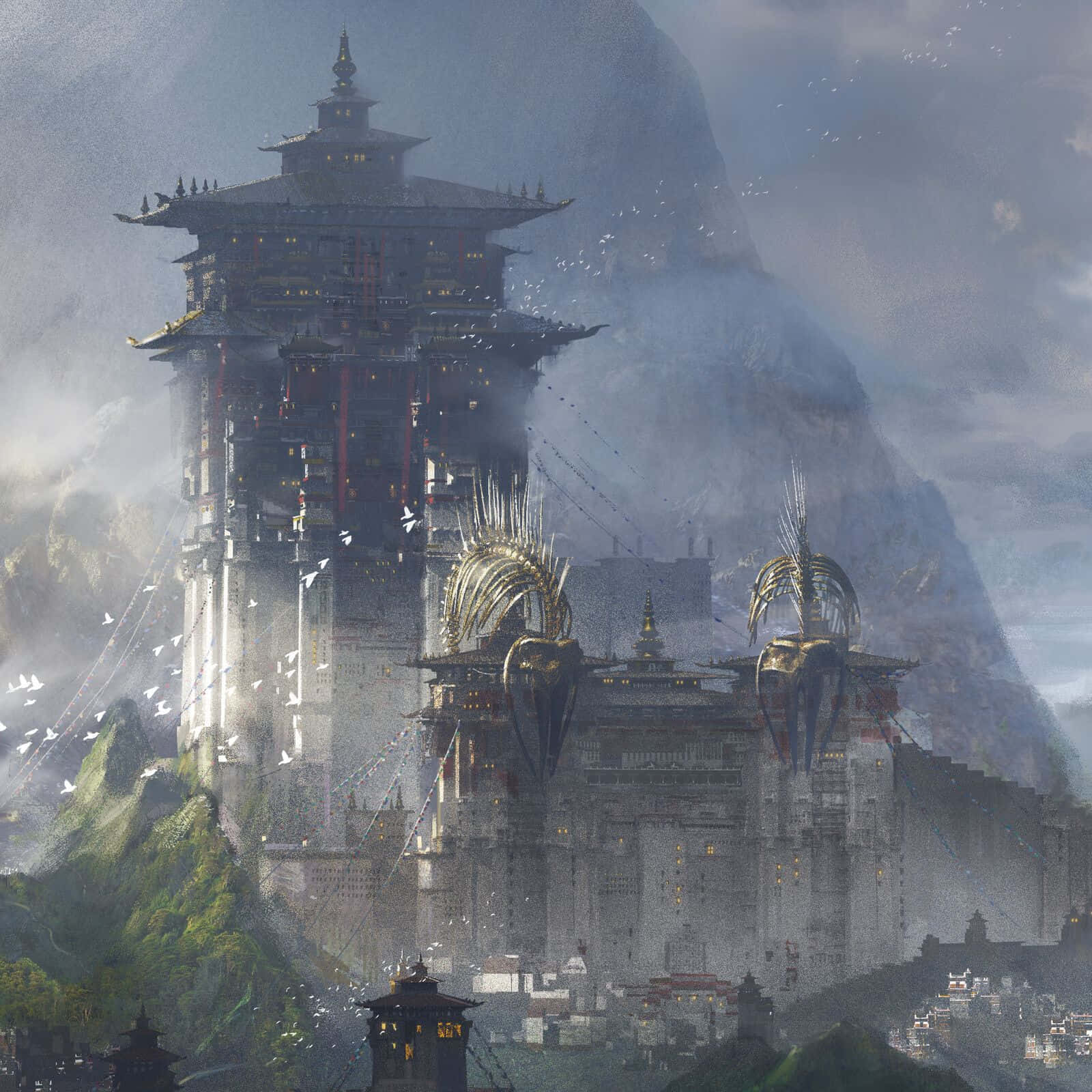 The Citadel 桌布 壁紙 — 一座雄偉的古老寺廟建築群坐落在雲霧繚繞的山上，窗戶發光，金色結構華麗，天空多雲。