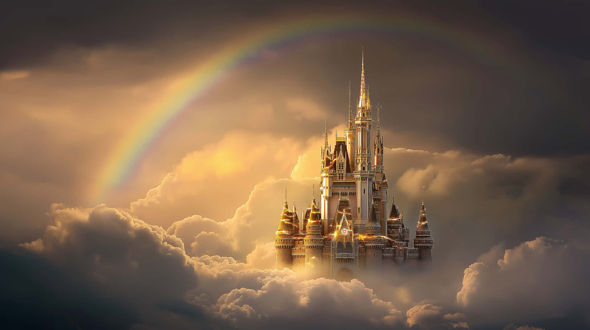 Radiant Fairytale Castle Amidst Golden Sunset Clouds 壁紙 — 一座雄偉的城堡，金色尖塔從蓬鬆的雲層中浮現，下方是橫跨戲劇性天空的鮮豔彩虹。