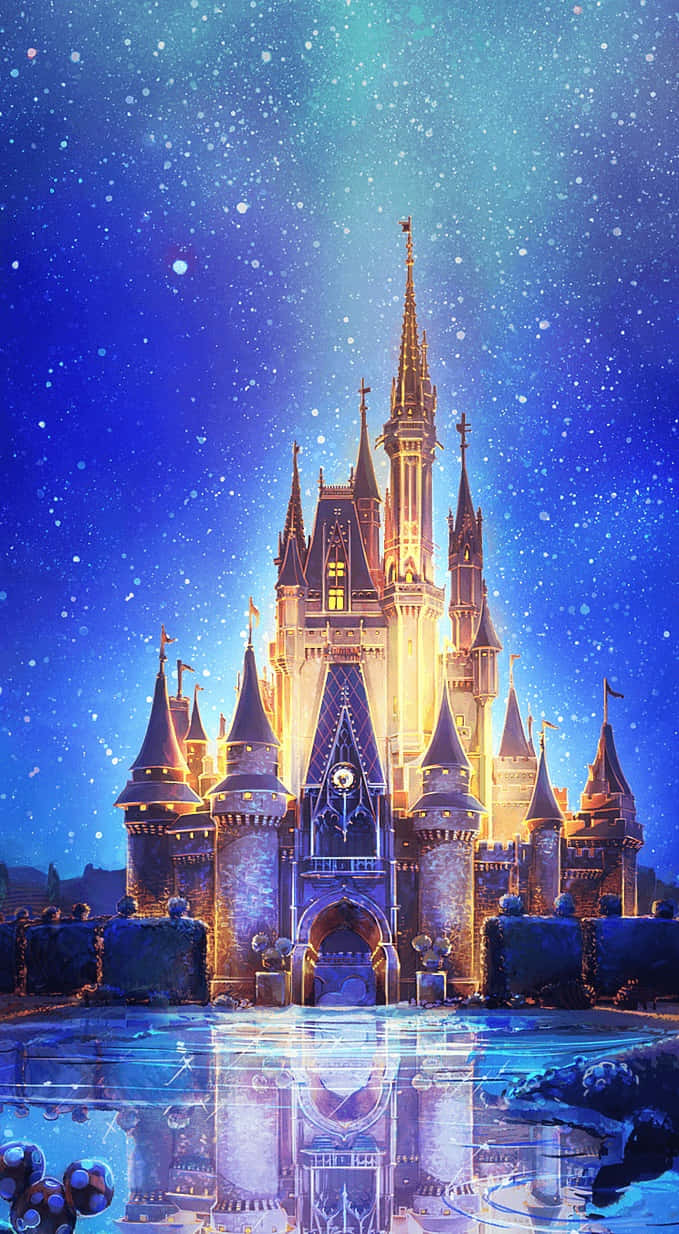 Cool Disney 桌布 壁紙 — 一座雄偉的城堡在星空下溫暖地發光，其倒影在下方寧靜的水池中閃爍。