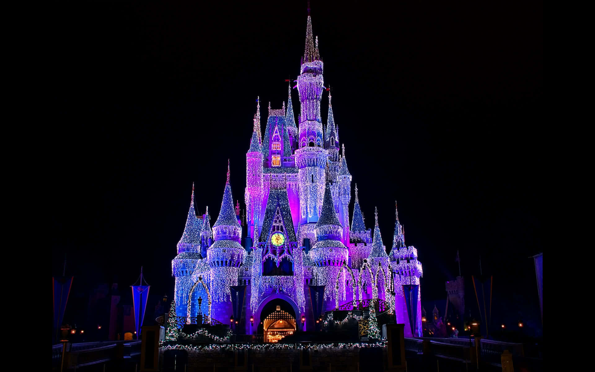 Disney Castle 桌布 壁紙 — 一座雄偉的城堡在漆黑的夜空中被鮮豔的紫色和藍色燈光照亮。