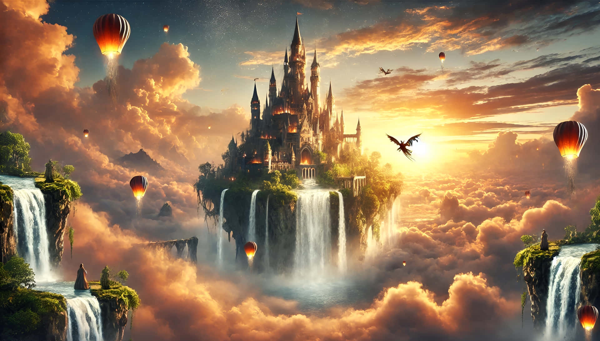 Floating castle among the clouds with waterfalls 壁紙 — 一座雄偉的城堡坐落在浮空島上，瀑布傾瀉而下，發光的熱氣球在日落天空中飄蕩。