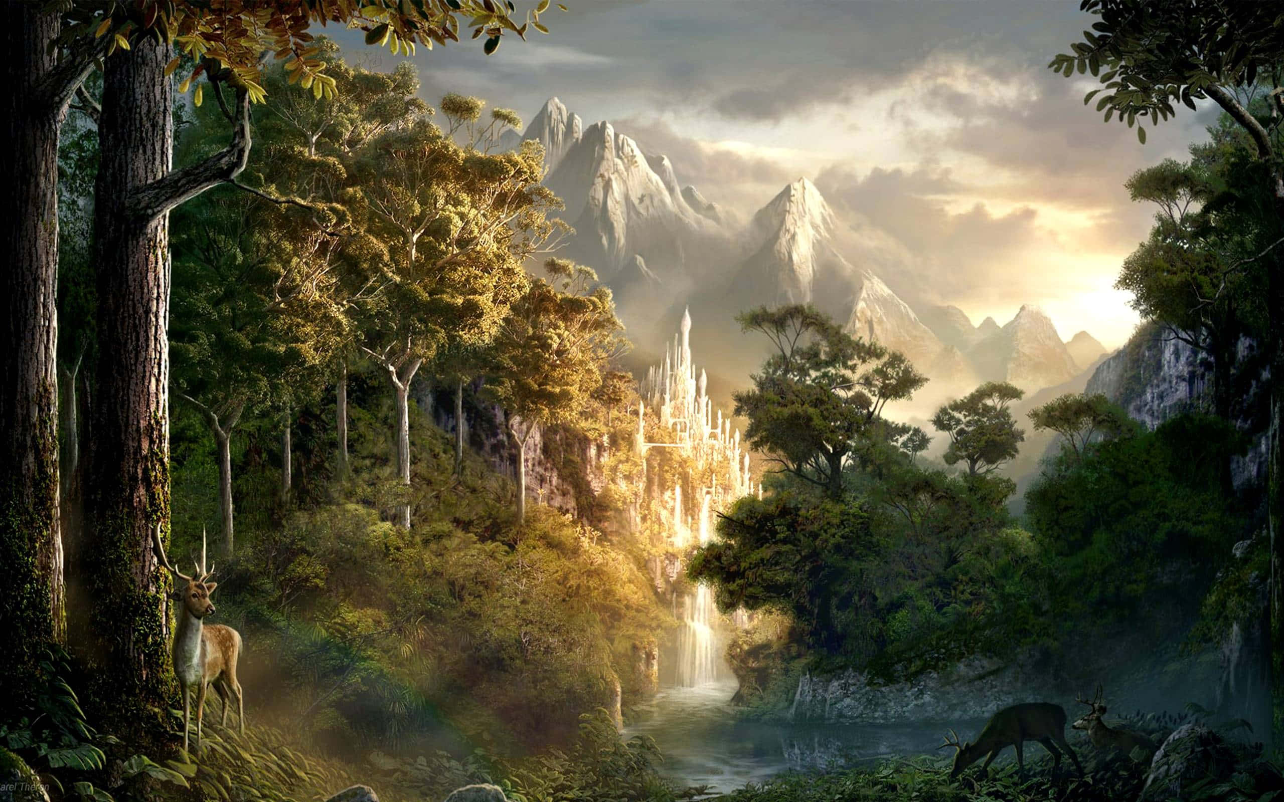 Lotr 桌布 壁紙 — 一座雄偉的城堡坐落在霧氣瀰漫的山谷中，周圍是高聳的山脈和一隻在陽光普照的森林中的鹿。