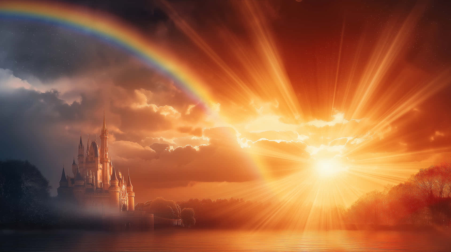 Fairytale Castle at Sunset with Rainbow Over Water 壁紙 — 一座雄偉的城堡從霧氣瀰漫的水面升起，上方是絢麗的彩虹橫跨在熾熱的夕陽天空。