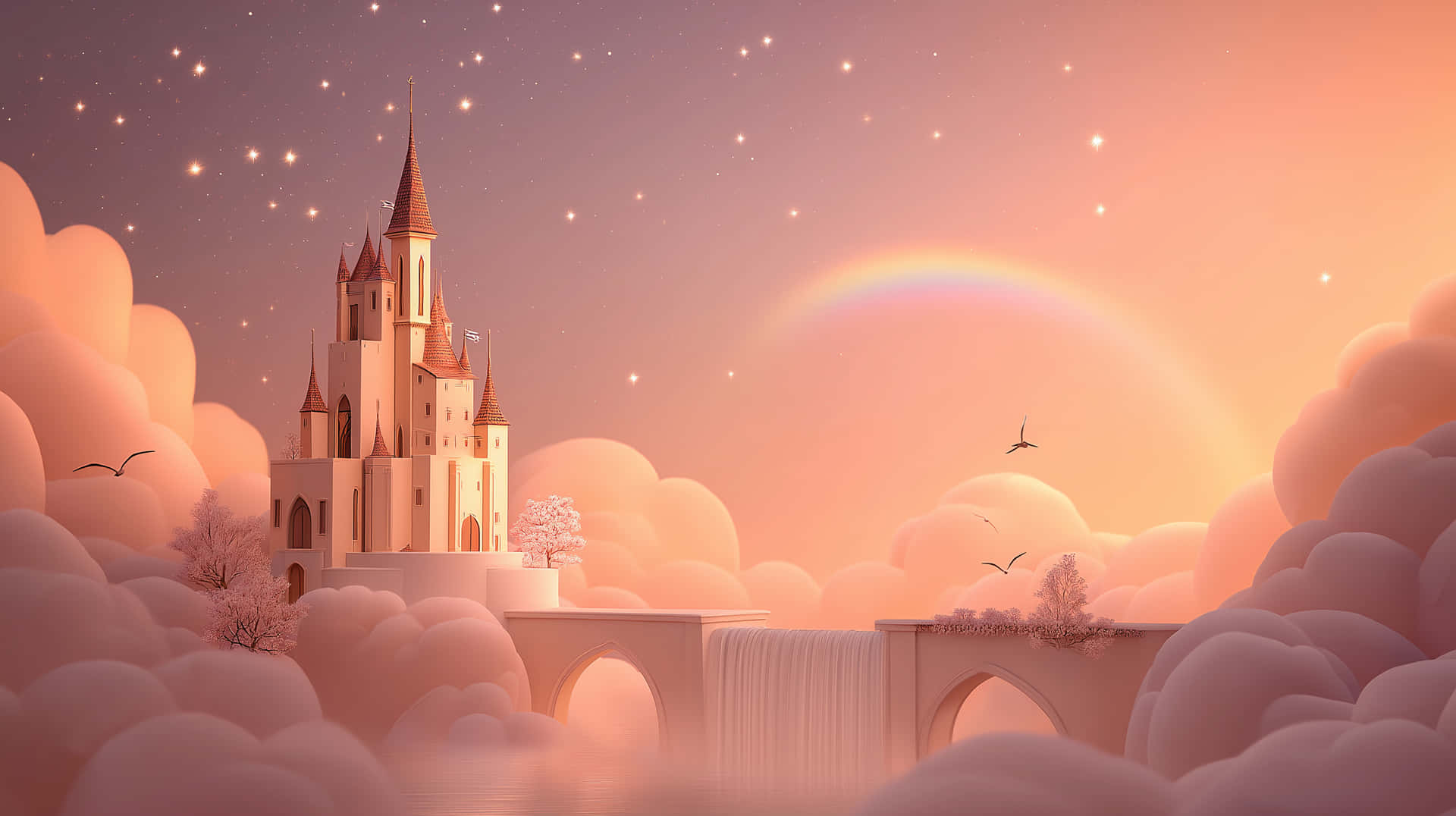 Serene Fairytale Castle with Waterfall and Sunset Rainbow 壁紙 — 一座雄偉的城堡棲息在雲端，背後有彩虹拱起，下方是星光燦爛的暮色天空。