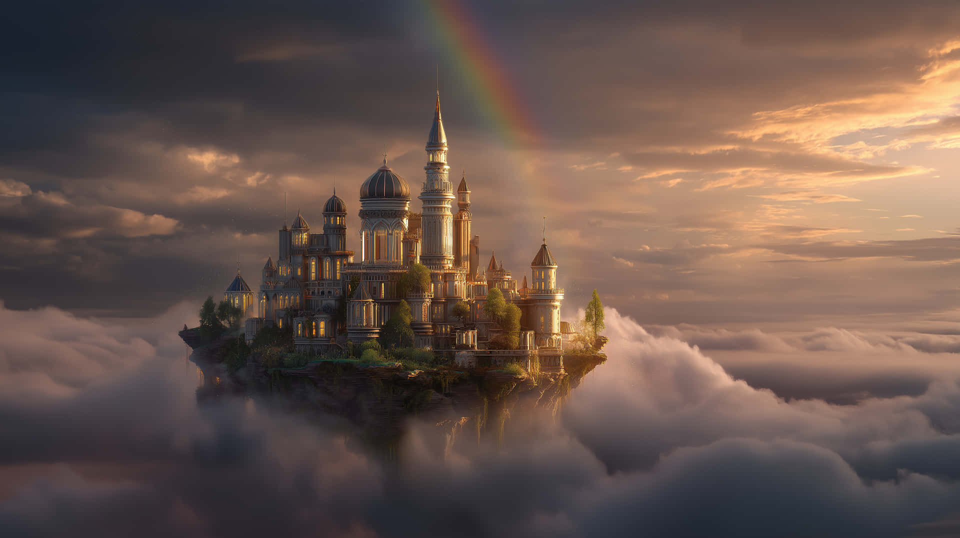 Grand Sky Castle: Floating Fantasy Kingdom with Rainbow 壁紙 — 一座雄偉的城堡漂浮在雲霧繚繞的懸崖頂上，夕陽下有一道鮮豔的彩虹拱跨其尖塔。