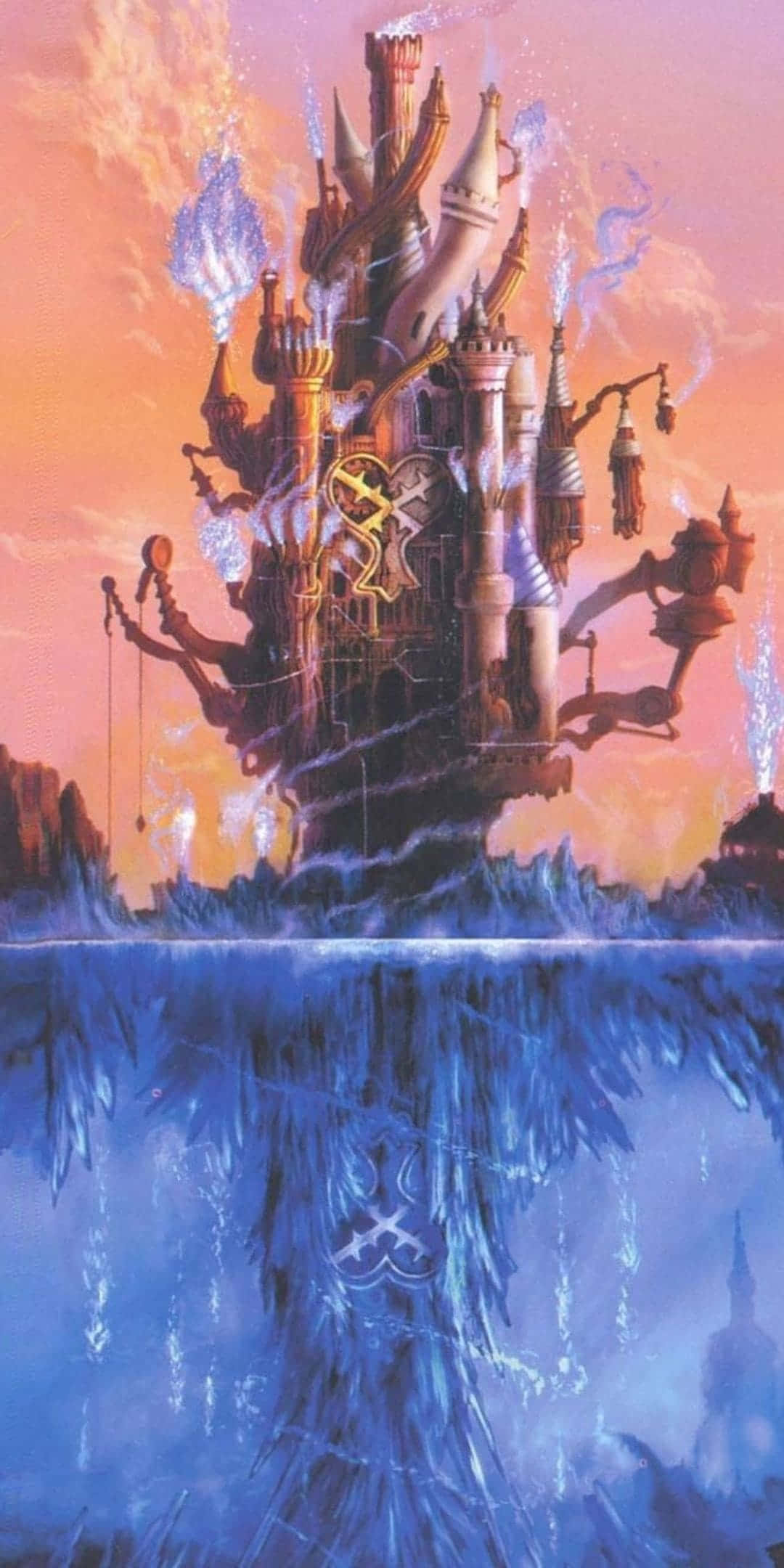 Kingdom Hearts Phone 桌布 壁紙 — 一座雄偉的奇幻城堡，帶有發光的藍色能量和複雜的尖塔，在溫暖的日落天空下從冰冷的水域中升起。