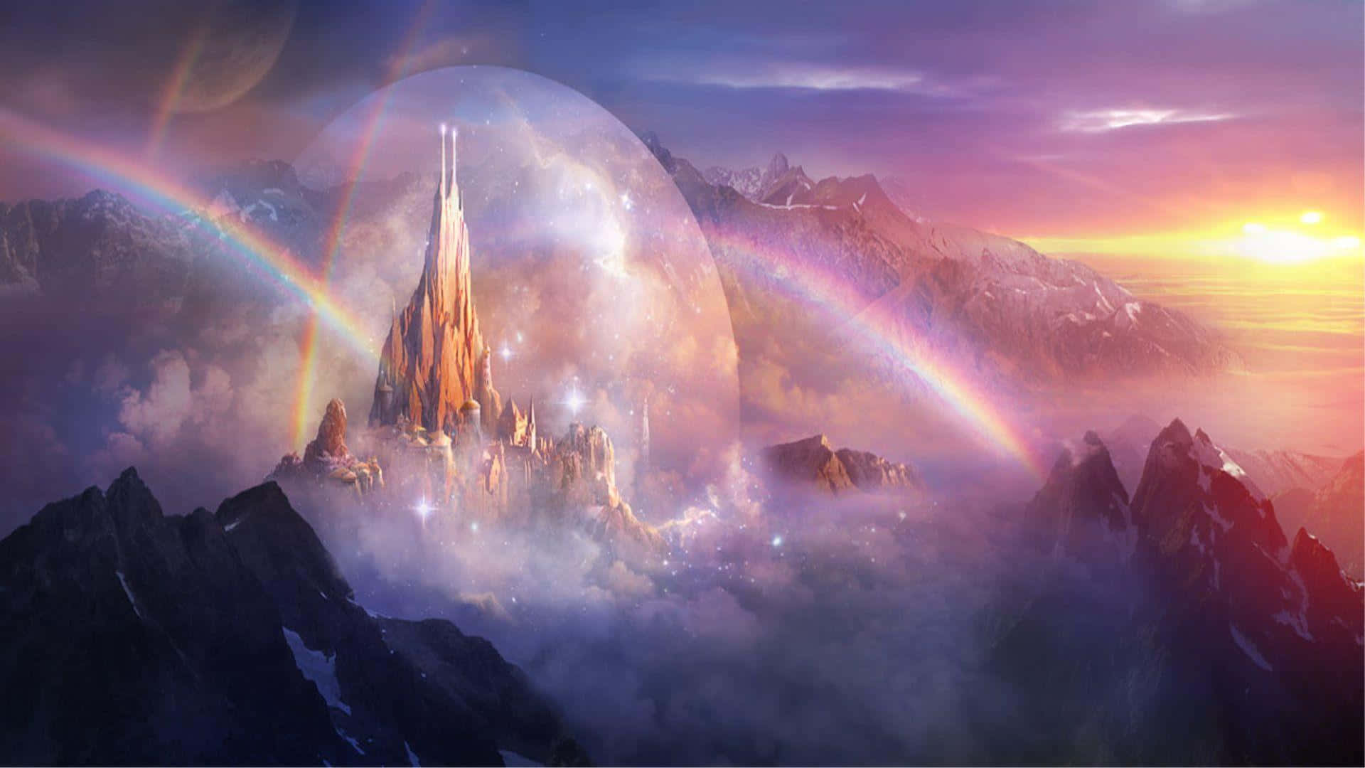 Kingdom Of God 桌布 壁紙 — 一座雄偉的奇幻城堡矗立在積雪的山峰上，夕陽下閃耀的彩虹和宇宙球體映照其間。