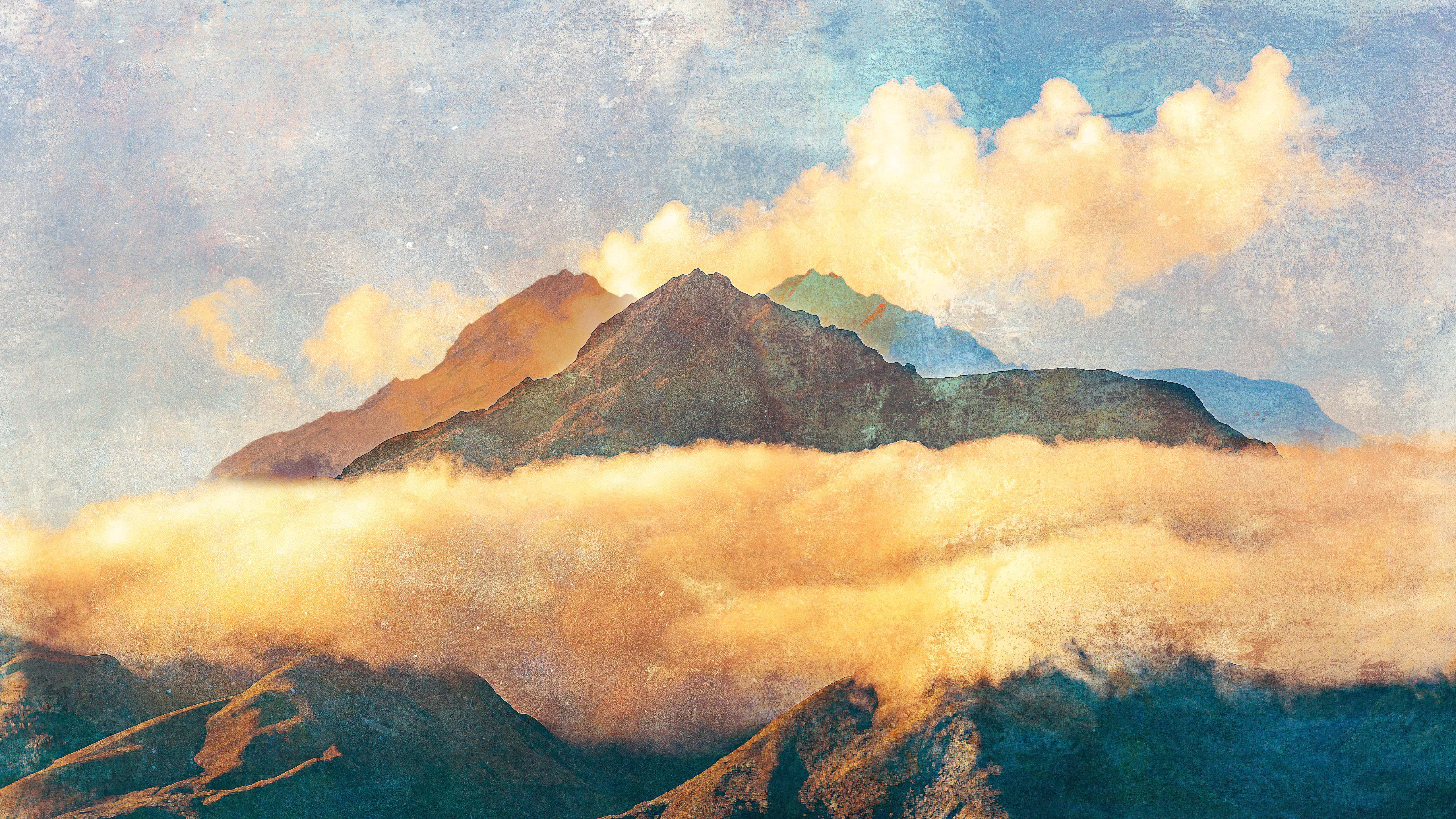 Painting 桌布 壁紙 — 一座雄偉的山峰刺穿金色雲層，下方是柔和的藍天，帶有紋理筆觸。