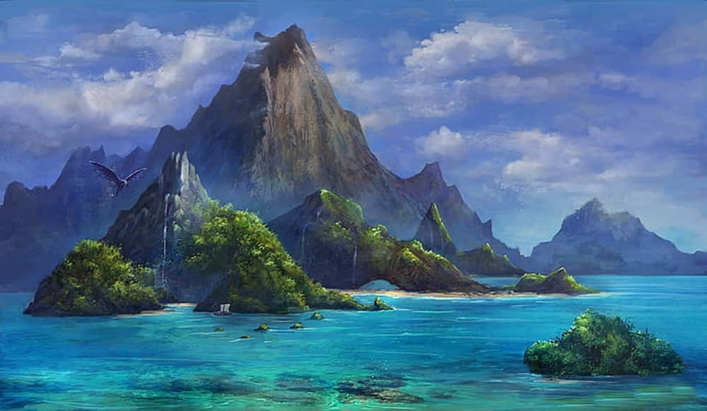 奇幻島 桌布 壁紙 — 一座雄偉的山峰從碧綠的海水中升起，周圍是鬱鬱蔥蔥的綠色島嶼，一隻孤鳥在多雲的天空下翱翔。