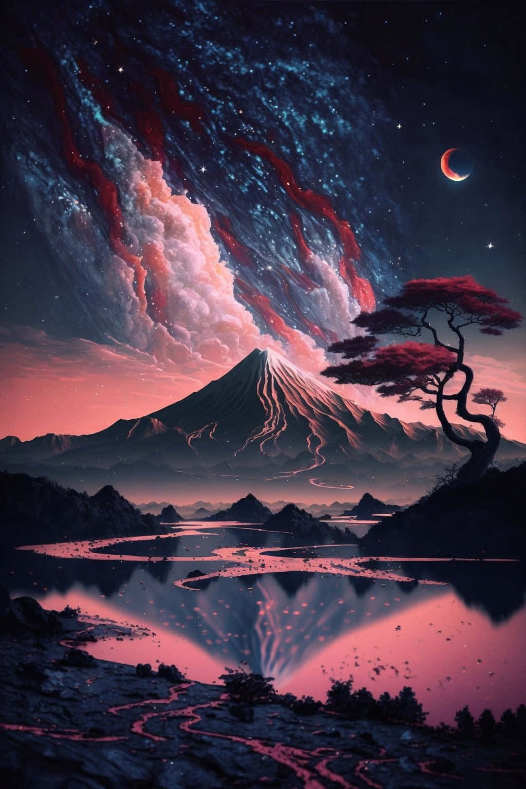 Gaming AI 桌布 壁紙 — 一座雄偉的山脈，在宇宙般的天空下，旋轉的紅色和藍色星雲倒映在寧靜的湖面上，旁邊有一棵孤獨的樹。