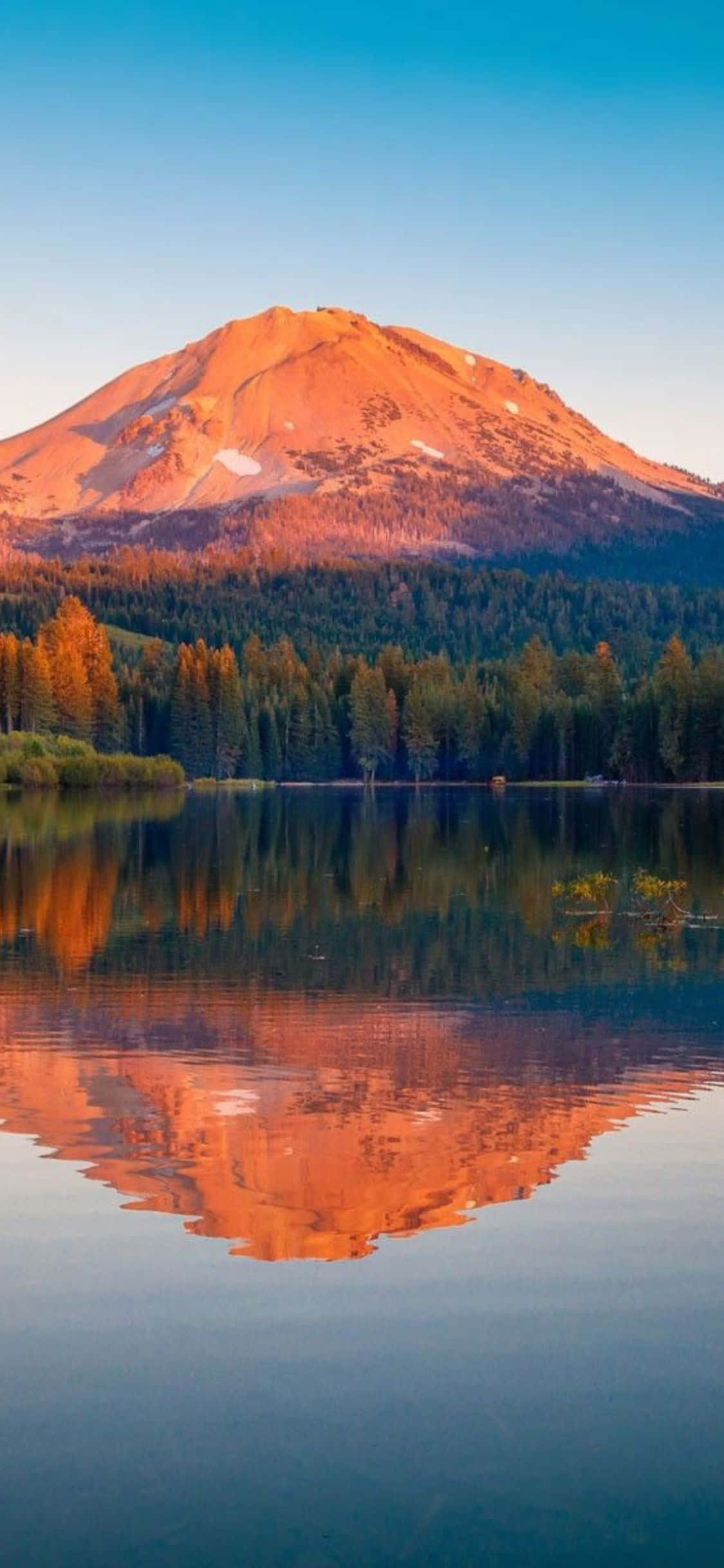 iPhone Xs California 桌布 壁紙 — 一座雄偉的山脈沐浴在金色的日落光芒中，完美地倒映在一個被茂密森林環繞的平靜湖泊中。