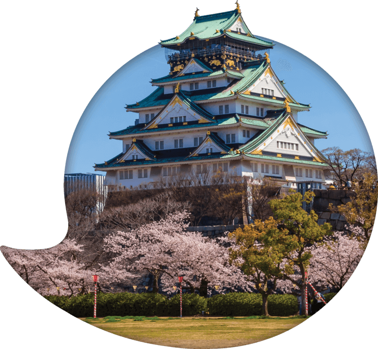 大阪 桌布 壁紙 — 一座雄偉的日本城堡，擁有綠色屋頂和金色裝飾，在晴朗的藍天下矗立在盛開的粉紅色櫻花樹後面。