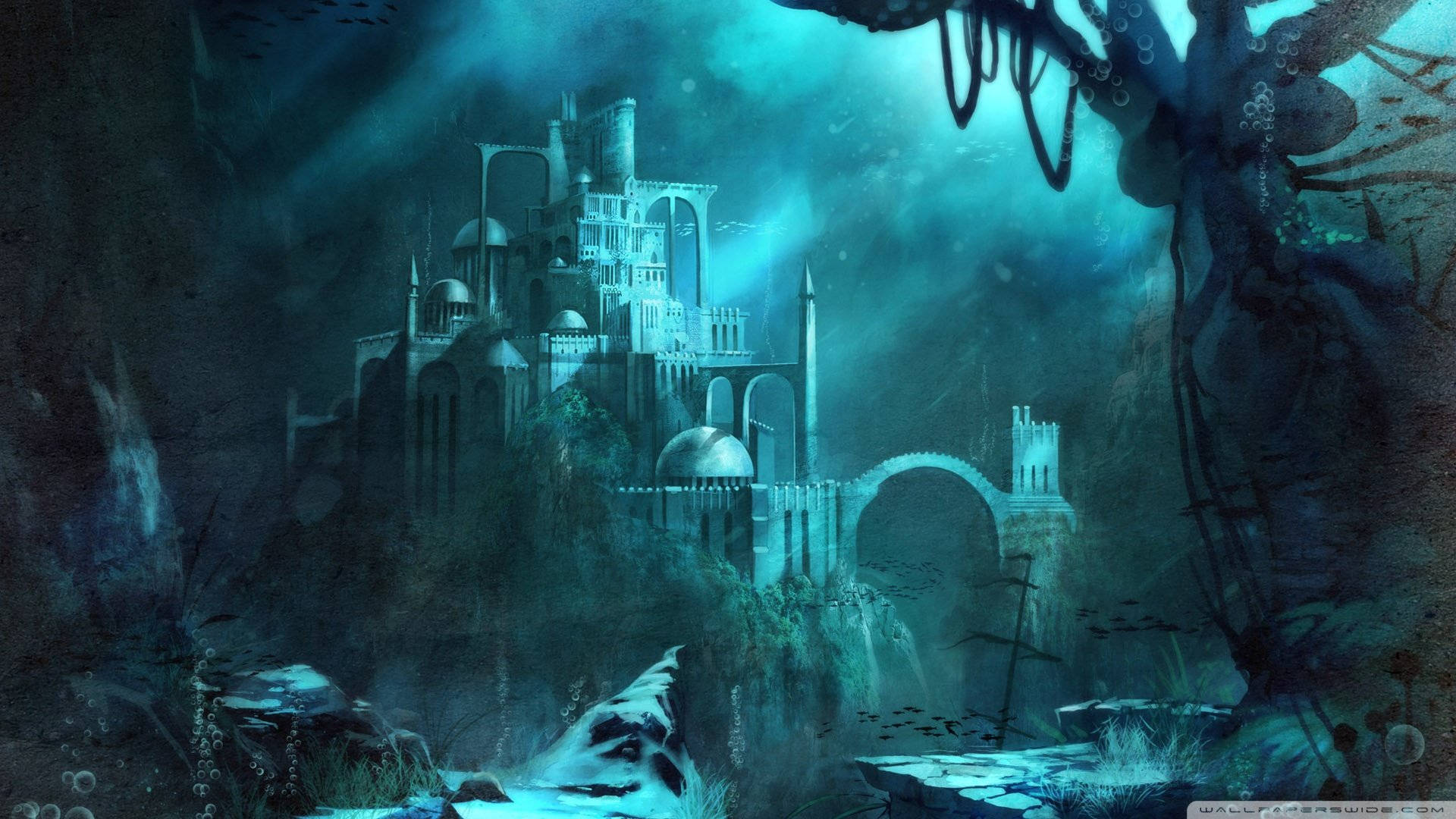 海洋 桌布 壁紙 — 一座雄偉的水下城堡，擁有圓頂和拱門，在詭異的藍綠色光芒中閃耀，周圍環繞著珊瑚和海藻。