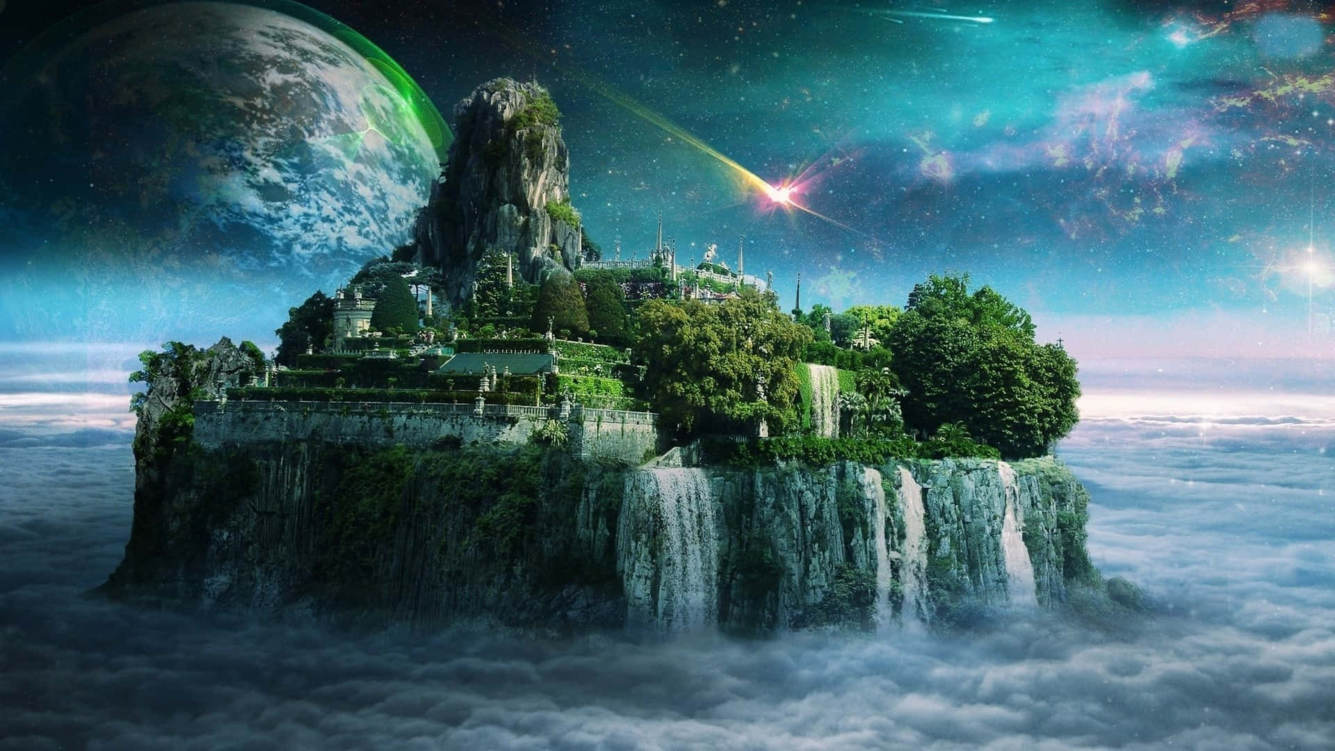 奇幻島 桌布 壁紙 — 一座雄偉的浮島，上有城堡和瀑布，在雲層之上，宇宙天空下，有一顆發光的行星和流星。