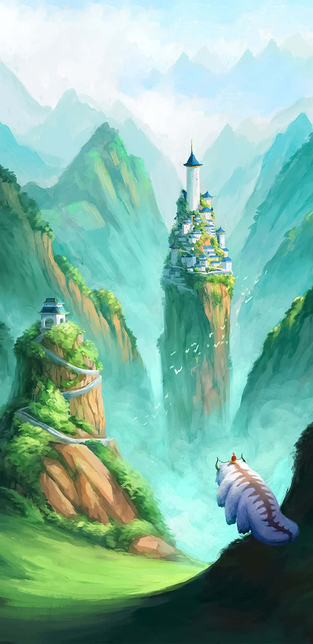 Appa Avatar 桌布 壁紙 — 一座雄偉的漂浮城堡坐落在雲霧繚繞的山峰頂上，一隻毛茸茸的白色生物從下方仰望。