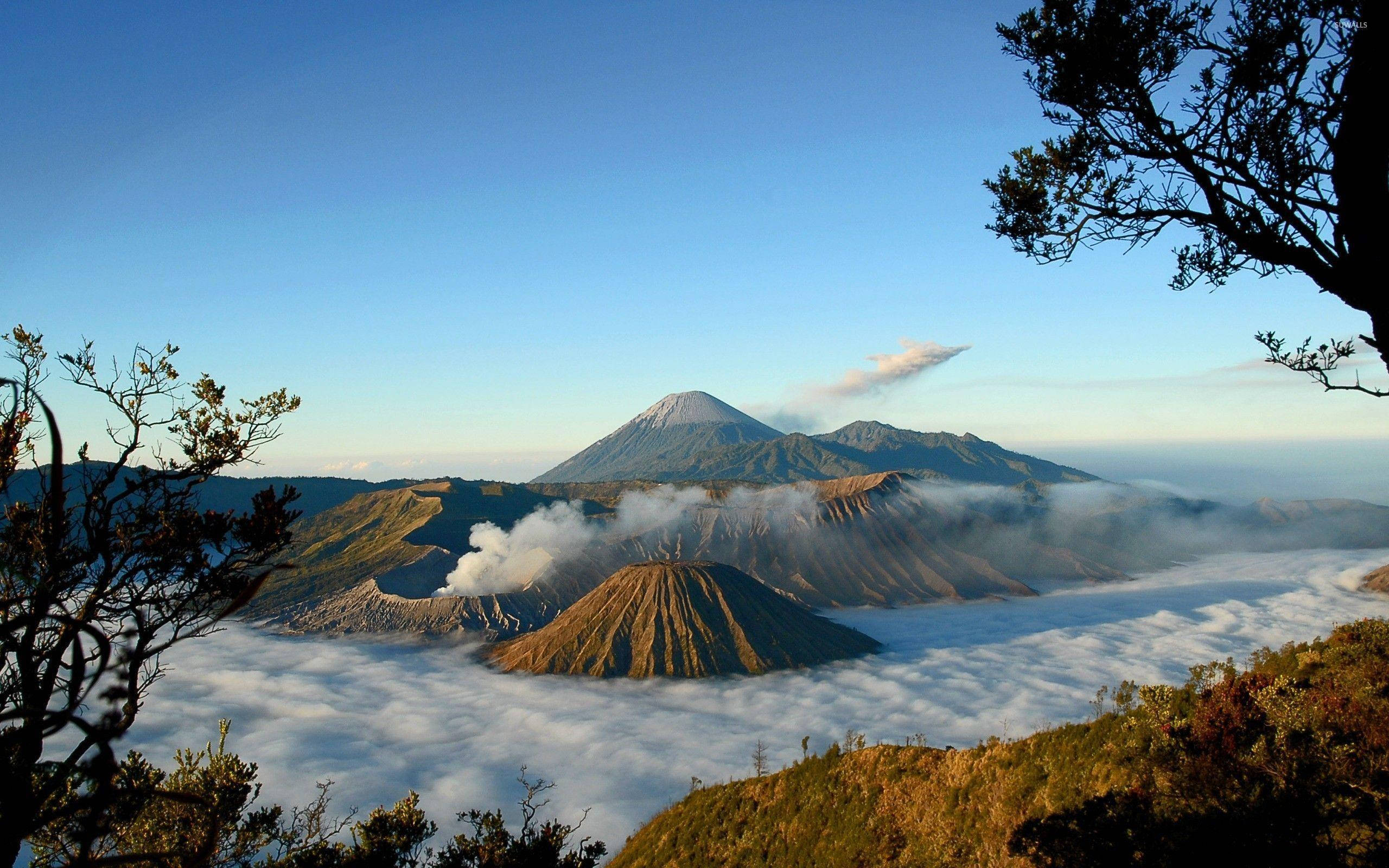 Jakarta 桌布 壁紙 — 一座雄偉的火山聳立在雲海之上，在晴朗的藍天下，火山口冒出裊裊薄霧。