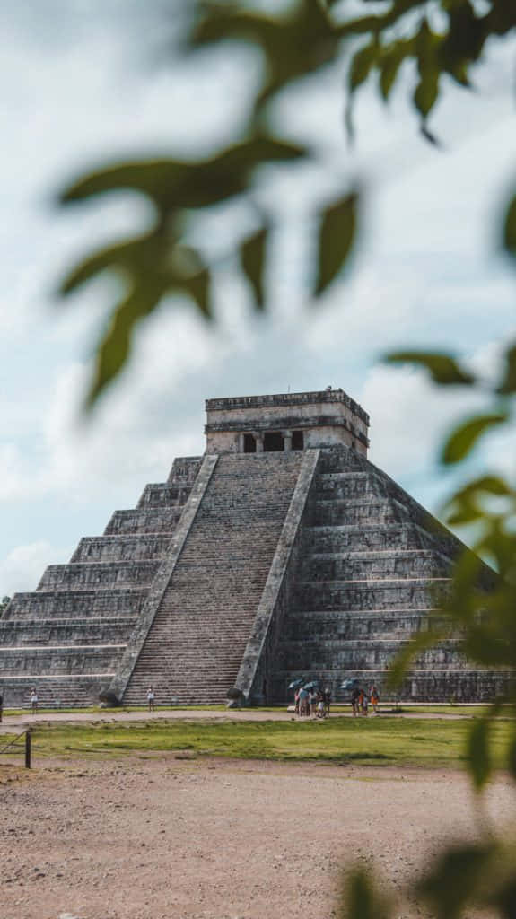 pyramid 桌布 壁紙 — 一座雄偉的瑪雅金字塔在明亮的天空下穿過模糊的綠葉聳立，底部有遊客。