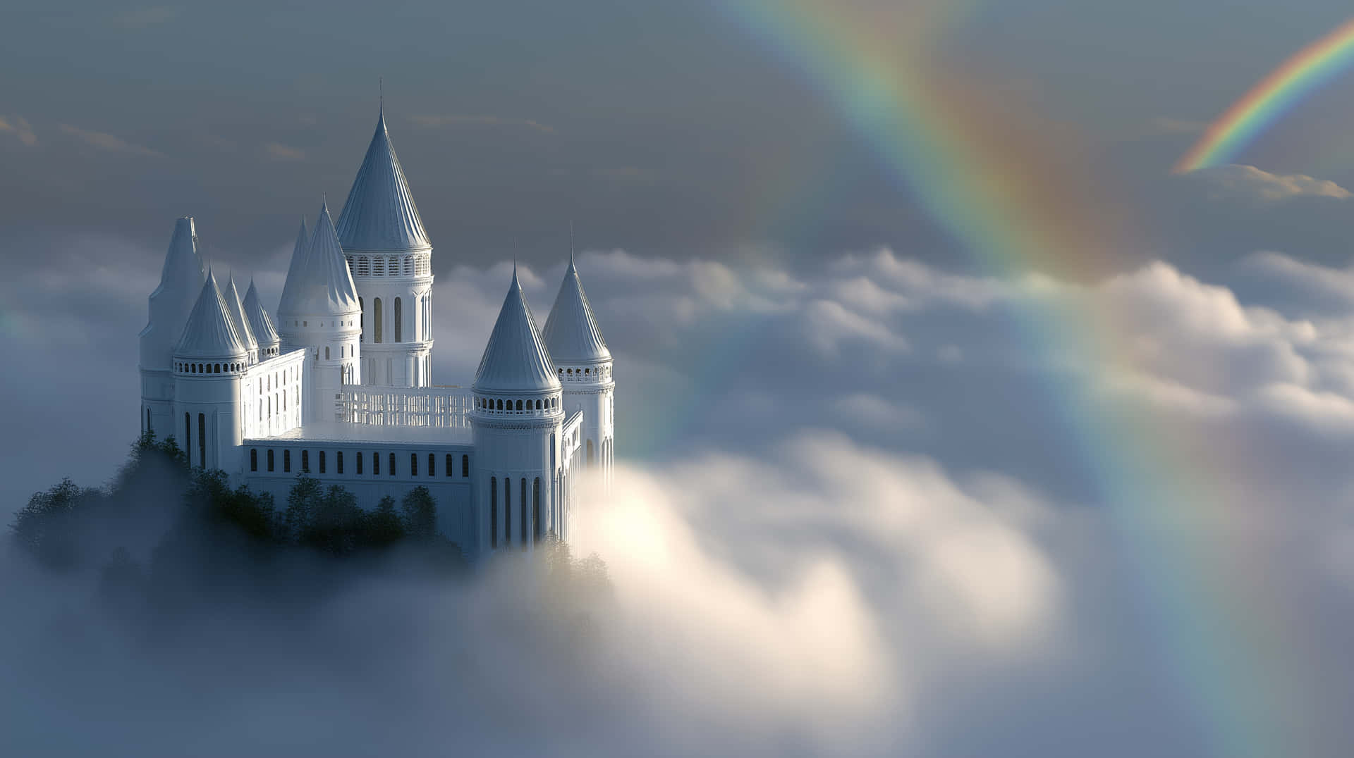 Majestic White Castle in Clouds with Vibrant Rainbow 壁紙 — 一座雄偉的白色城堡，尖塔聳立於雲海之上，被橫跨天空的鮮豔彩虹照亮。