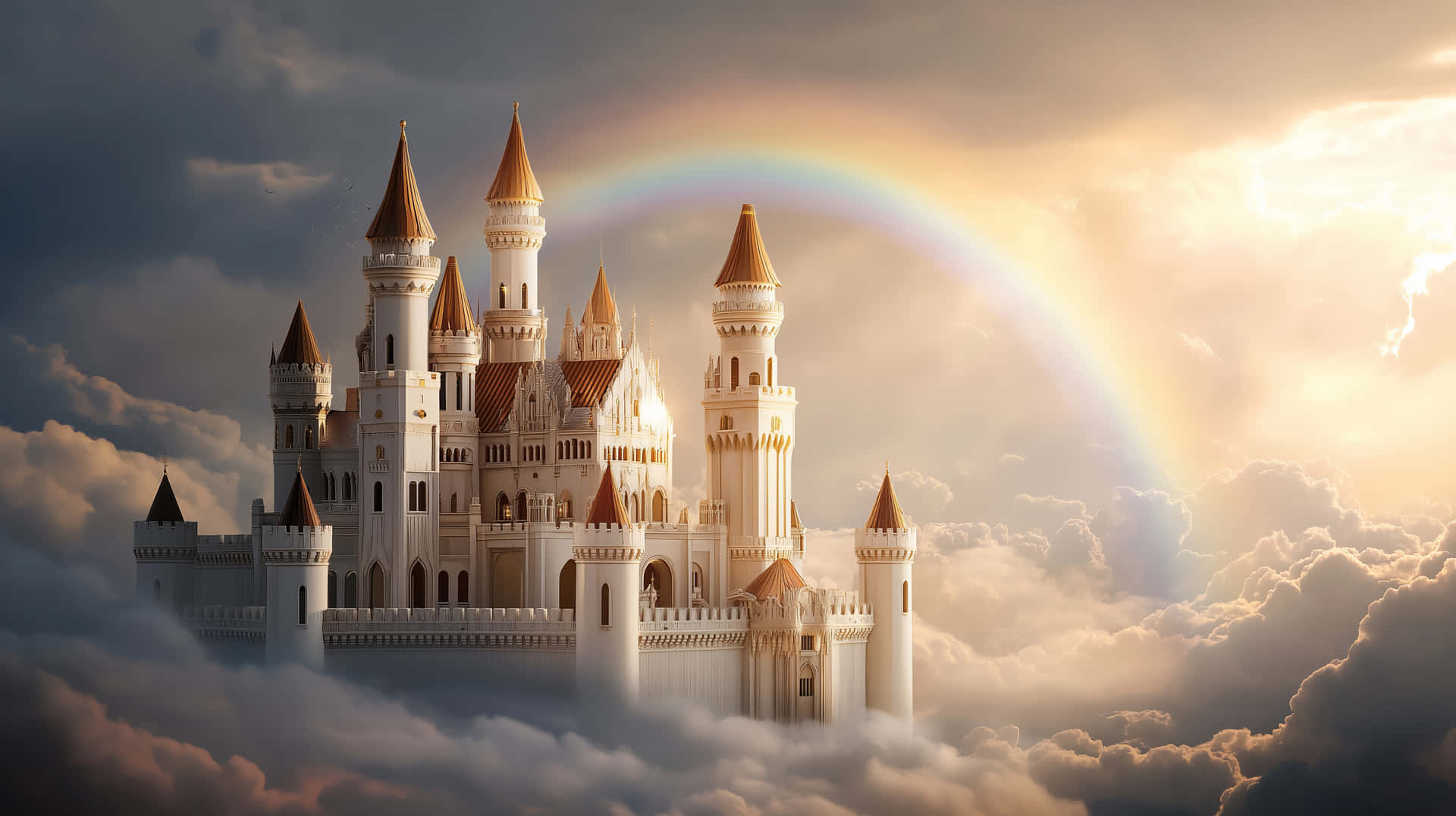 Fairytale Castle Afloat in Clouds with Arching Rainbow 壁紙 — 一座雄偉的白色城堡，金色尖塔聳立在蓬鬆的雲層之上，一道鮮豔的彩虹劃過戲劇性的天空。