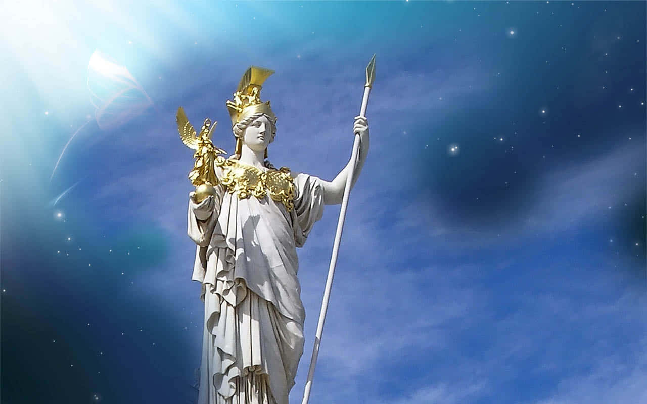 Best Greek Mythology 桌布 壁紙 — 一座雄偉的白色大理石雅典娜雕像高聳在繁星點點的藍天下，燦爛的陽光穿透雲層。
