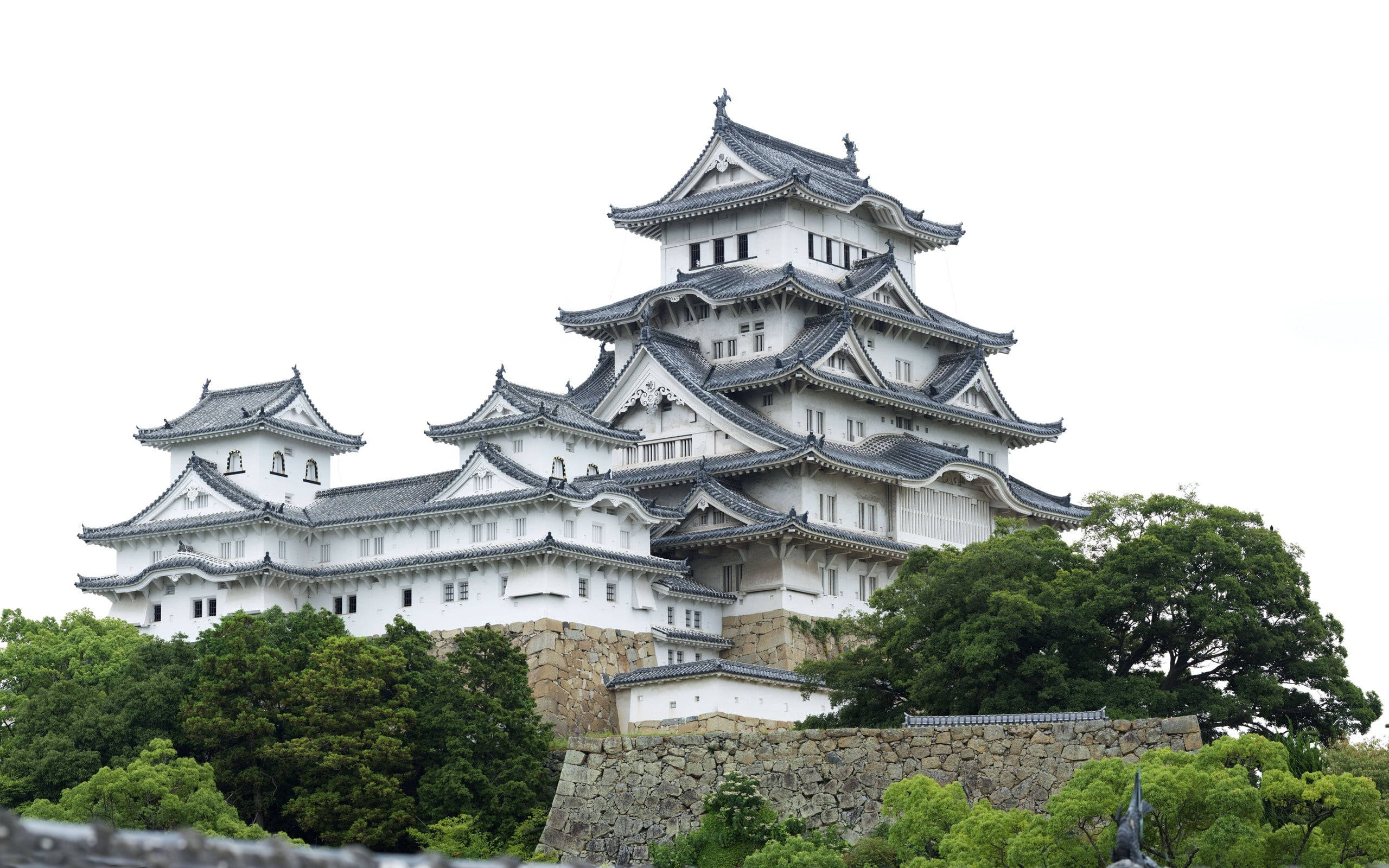 Osaka Castle 桌布 壁紙 — 一座雄偉的白色日本城堡，帶有深色瓦片屋頂，在陰天中聳立於茂密的綠樹之上。