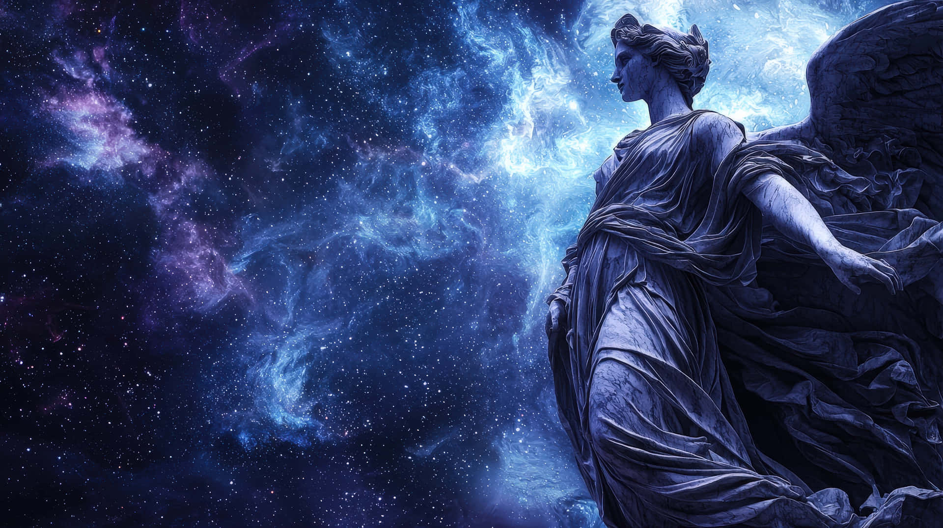 Ethereal Angel Statue with Flowing Robes in a Celestial Space Background Full of Stars and Nebulae 壁紙 — 一座雄偉的石天使雕像展開翅膀，站在充滿星星和旋轉藍紫色雲彩的鮮豔宇宙星雲前。