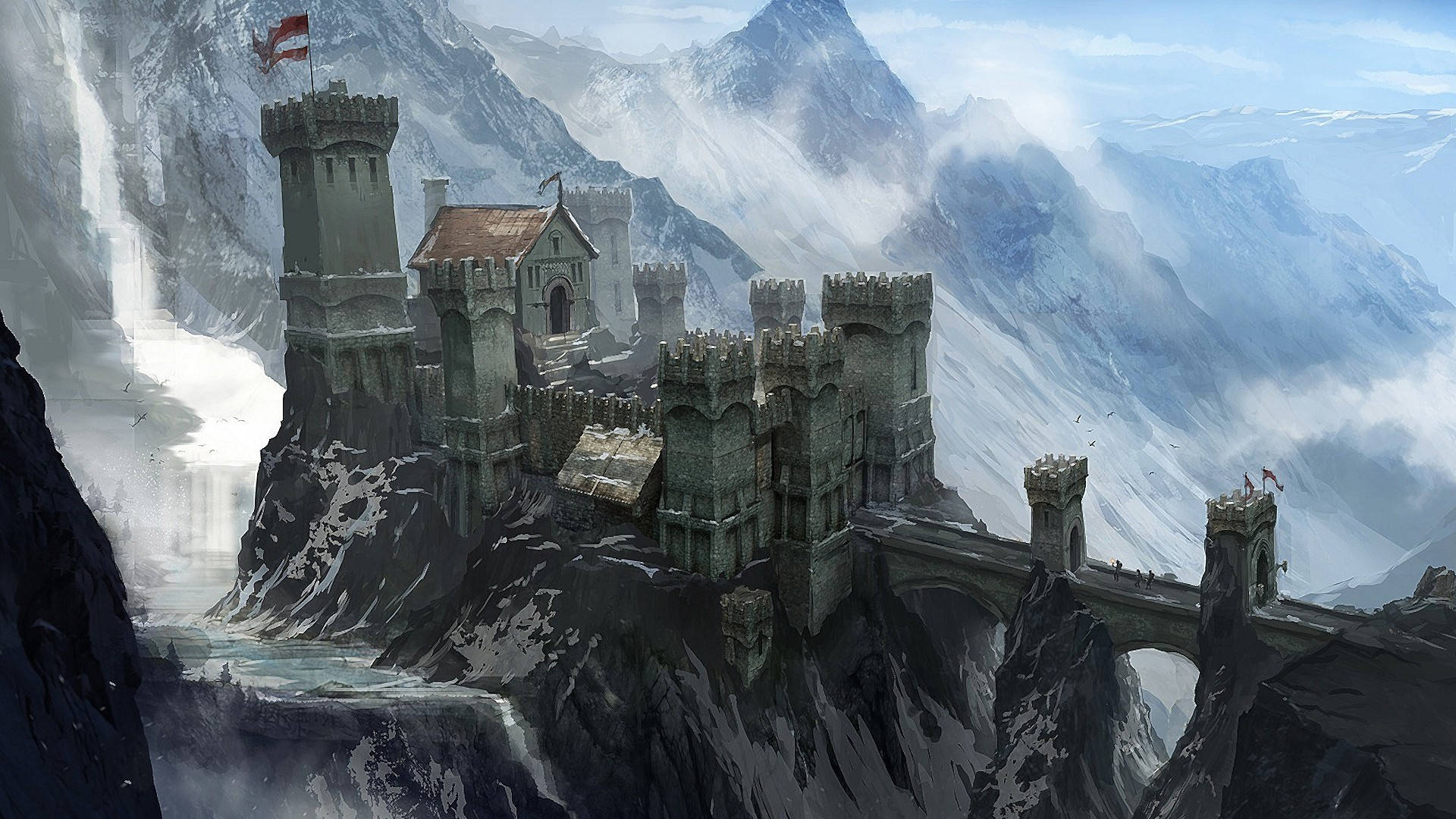 Dragon Age 桌布 壁紙 — 一座雄偉的石頭城堡坐落在白雪皚皚的山崖上，一座橋橫跨峽谷，下方霧氣繚繞。