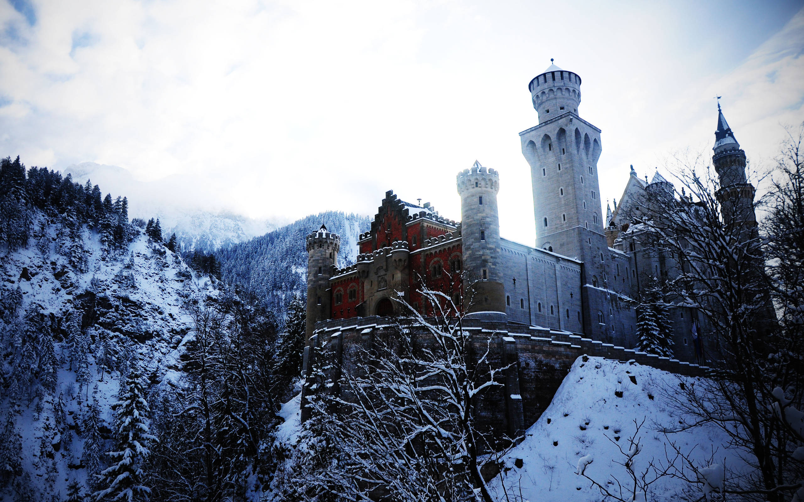 Neuschwanstein Castle 桌布 壁紙 — 一座雄偉的積雪童話城堡坐落在山坡上，被冬季森林環繞，天空多雲。
