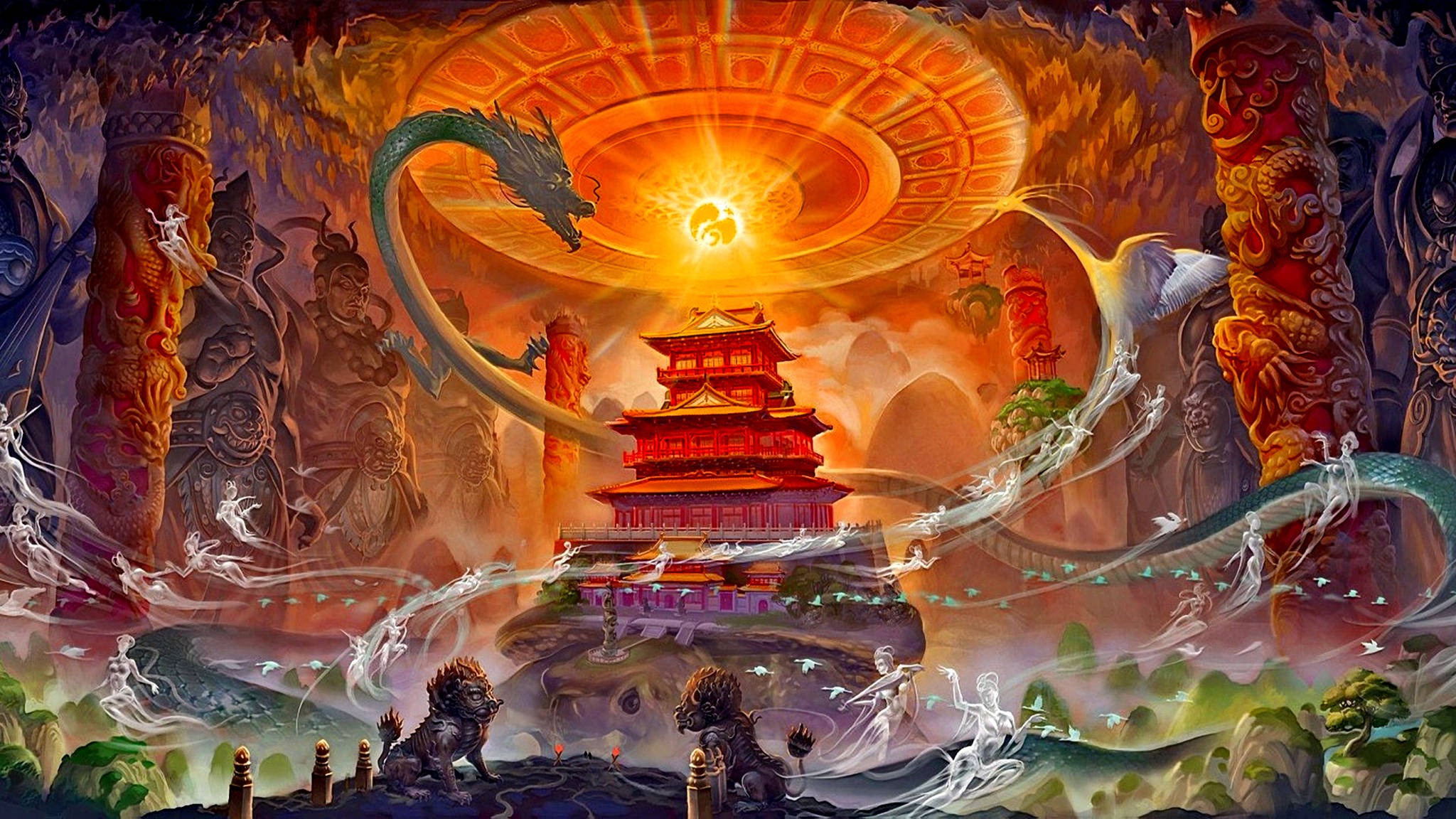 Eastern 桌布 壁紙 — 一座雄偉的紅色寶塔漂浮在神秘的洞穴中，被發光的太陽圓盤照亮，龍和空靈的身影在古老的柱子周圍旋轉。