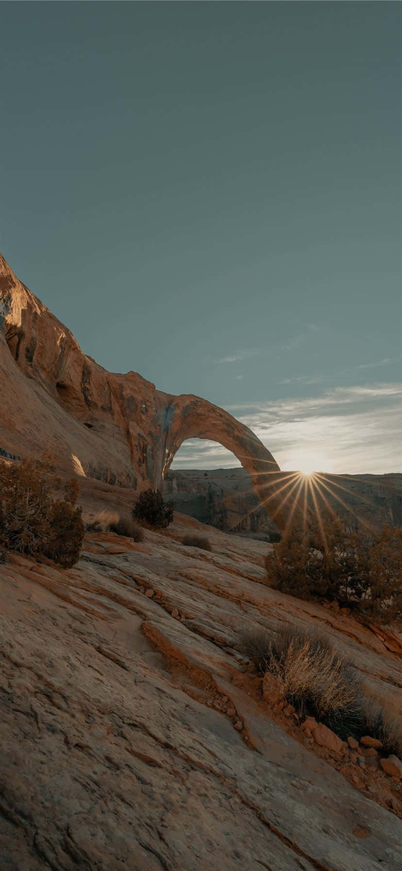 Desert iPhone 桌布 壁紙 — 一座雄偉的自然石拱門在夕陽西下時溫暖地發光，將耀眼的光芒投射在崎嶇的沙漠景觀上。