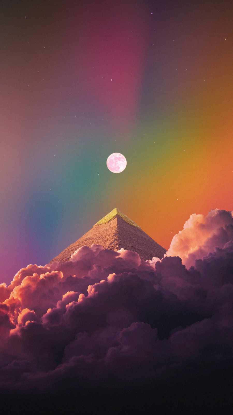 Multicolor 桌布 壁紙 — 一座雄偉的金字塔聳立在蓬鬆的雲層之上，天空中有 vibrant 的彩虹和一輪發光的月亮。