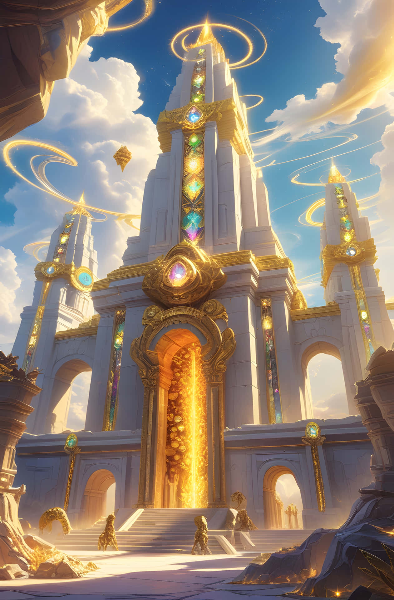 Radiant Alabaster Spire 壁紙 — 一座雄偉的金白色寺廟，帶有發光的寶石和旋轉的光束，在藍天白雲中升起。