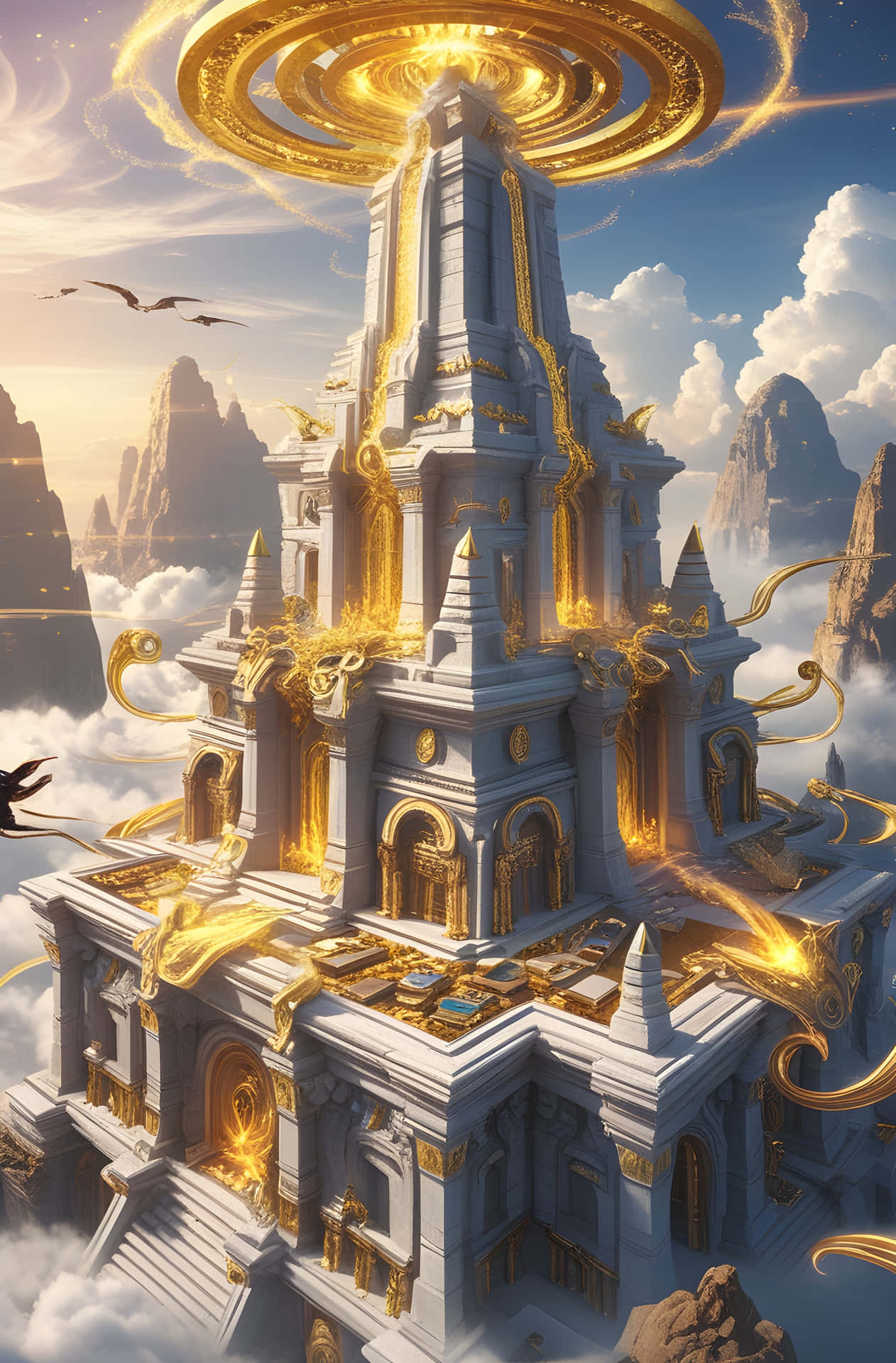 Radiant Alabaster Spire 壁紙 — 一座雄偉的金白色寺廟漂浮在雲層之上，周圍有旋轉的能量環和飛翔的鳥兒。