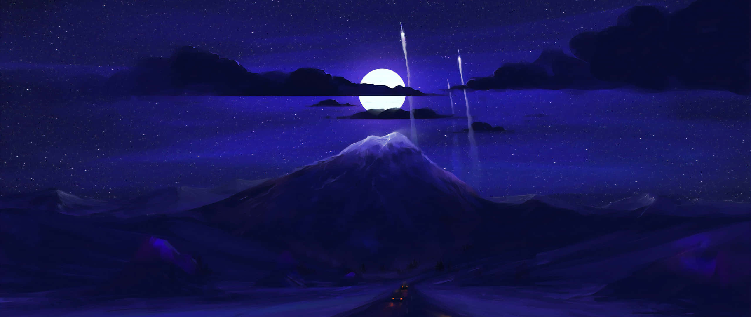 2560x1080 Minimal 桌布 壁紙 — 一座雄偉的雪山在繁星點點的夜空下升起，伴隨著一輪明亮的月亮和兩顆流星劃過天際。