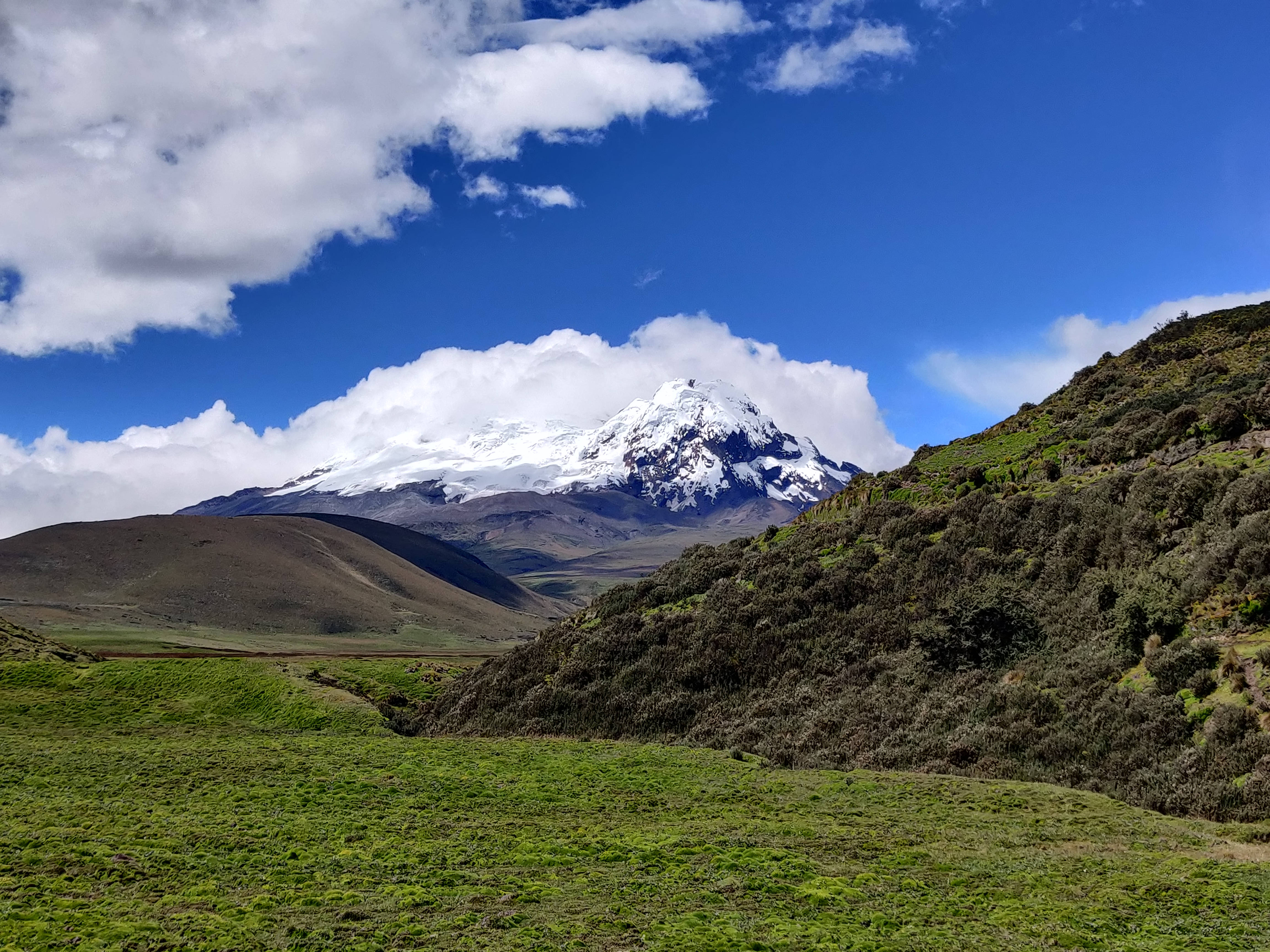 Ecuador 桌布 壁紙 — 一座雄偉的雪山聳立在連綿起伏的綠色山丘之上，天空湛藍，白雲朵朵。