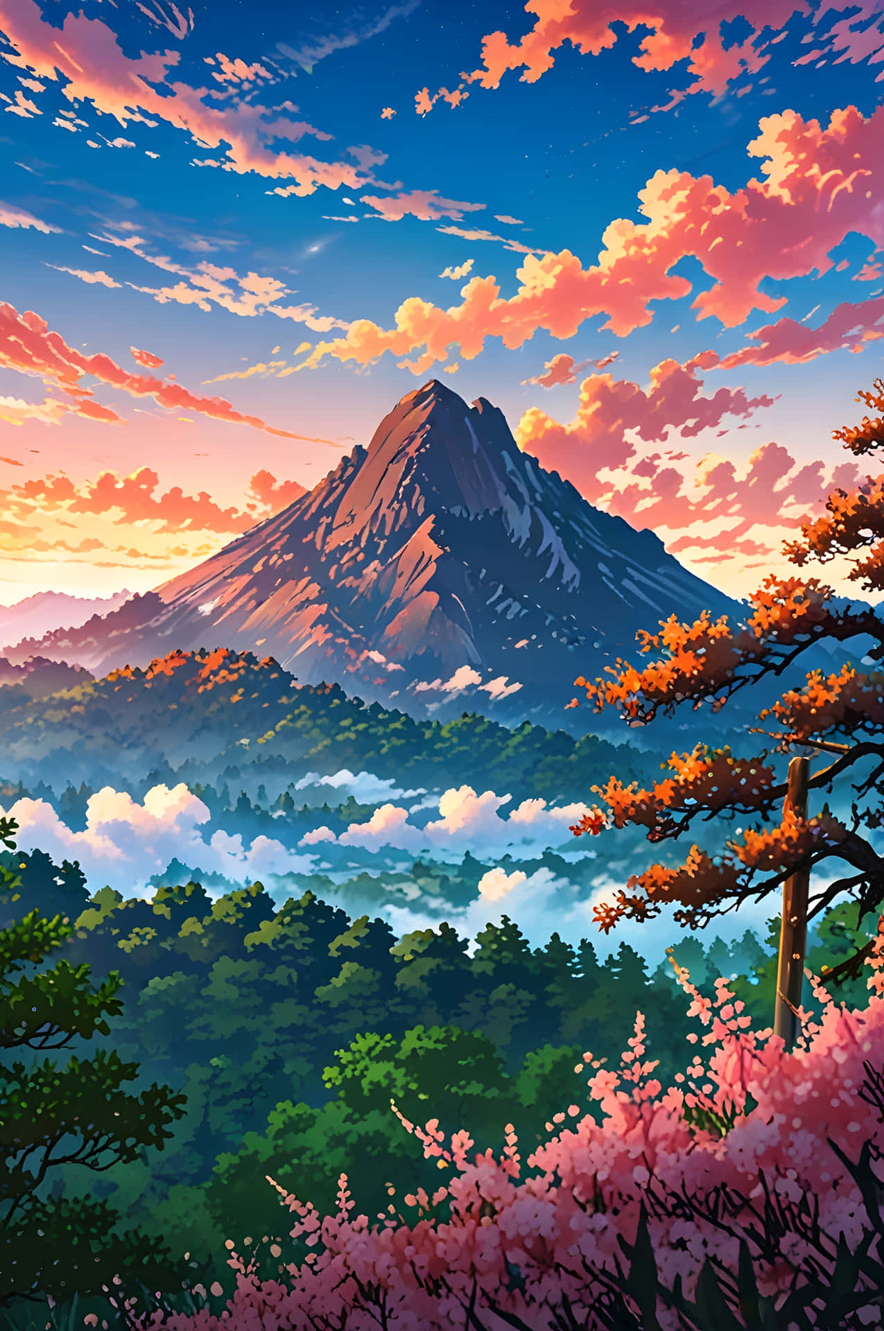 Golden Hour Mountain Vista 壁紙 — 一座雄偉的雪山聳立在霧氣繚繞的森林之上，天空在日落時分被粉紅色、橙色和藍色的雲彩渲染。