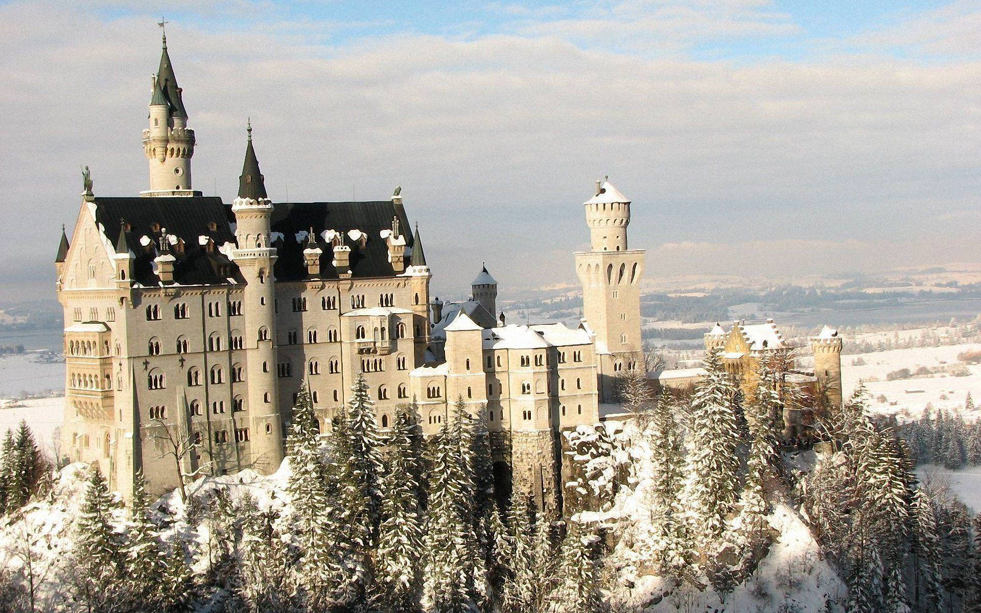 Neuschwanstein Castle 桌布 壁紙 — 一座雄偉的雪覆蓋城堡坐落在山頂上，周圍環繞著常綠樹木，冬日多雲的天空下。