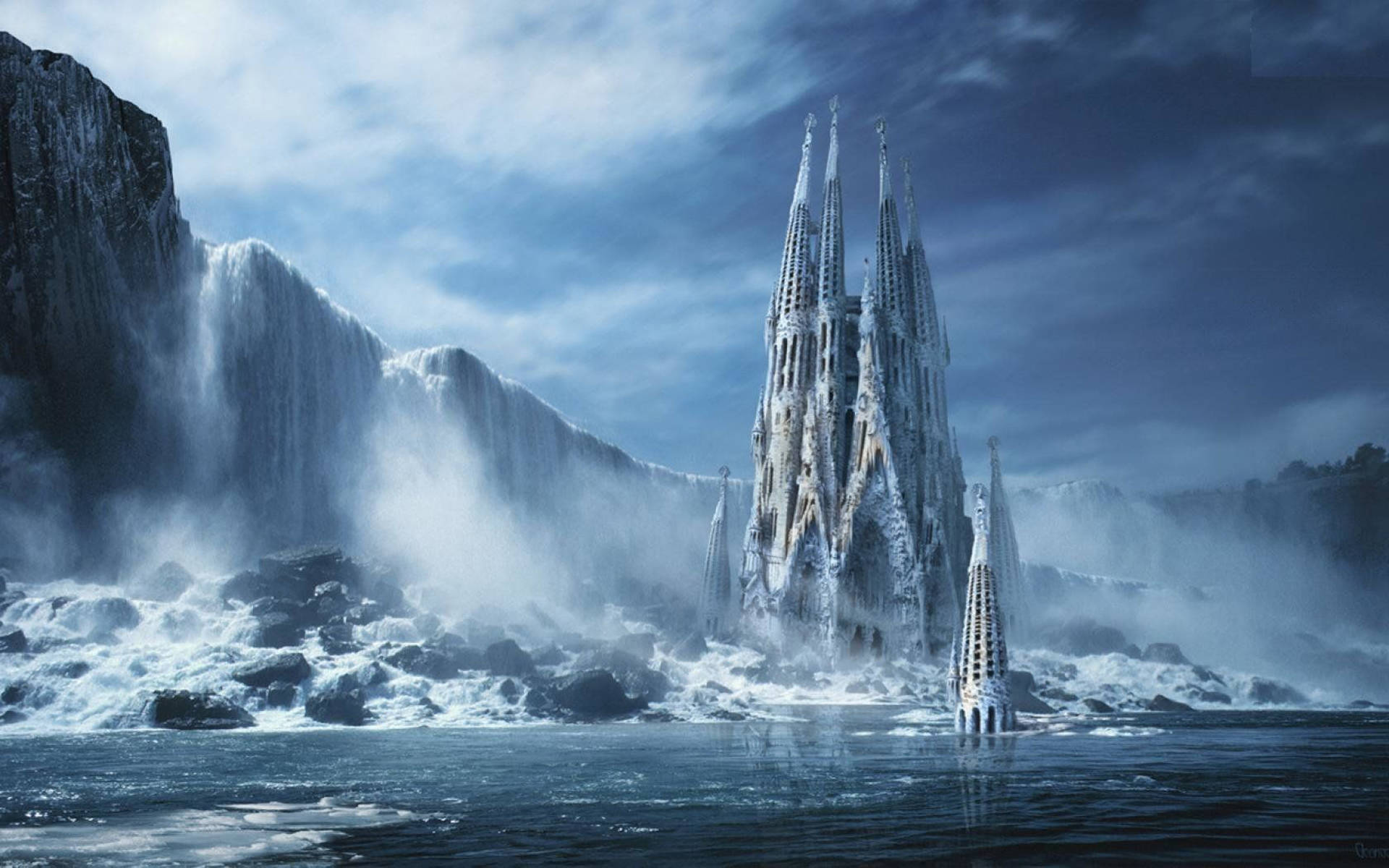 Frozen Castle 桌布 壁紙 — 一座雄偉的雪覆蓋大教堂從湍急的水域中升起，旁邊是巨大的冰凍瀑布，天空風暴肆虐。