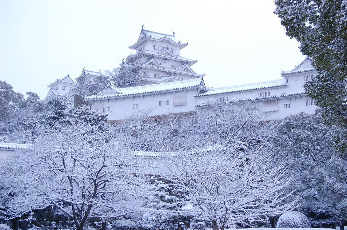 Himeji Castle 桌布 壁紙 — 一座雄偉的雪覆蓋的日本城堡聳立在寧靜的白色冬季花園之上。