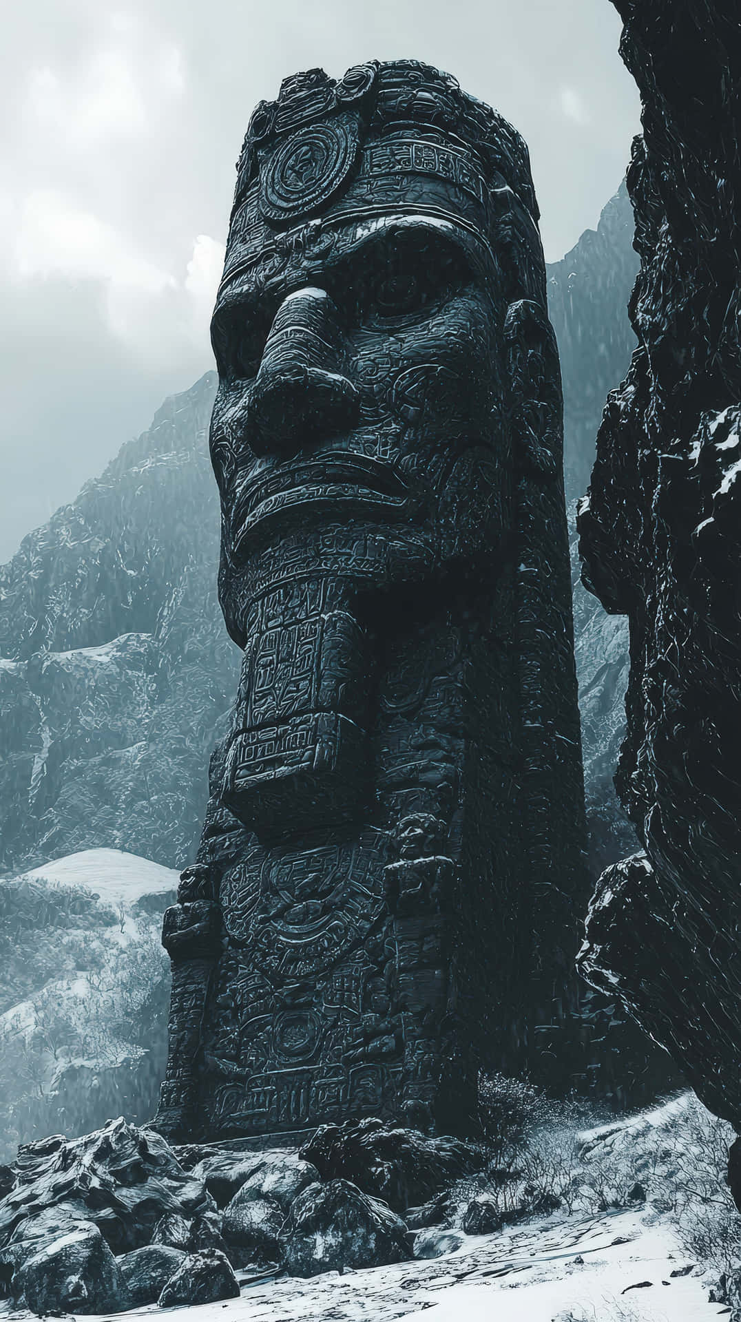 Ancient colossal stone head with intricate carvings in a snowy mountain 壁紙 — 一座雕刻精細的巨大古老石像，在陰雲密佈的天空下，莊嚴地矗立於白雪皚皚的山谷中。