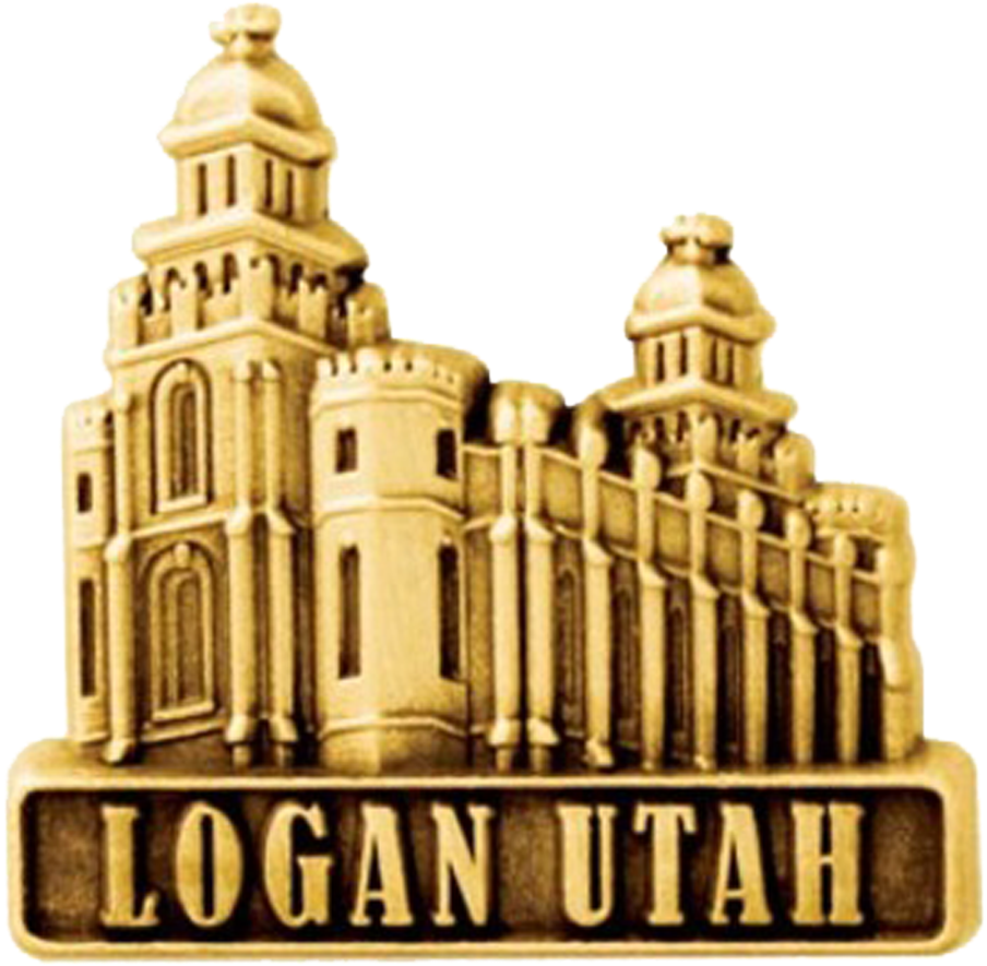 建築 桌布 壁紙 — 一座雙塔歷史建築的金色壓花徽章，下方刻有「LOGAN UTAH」。