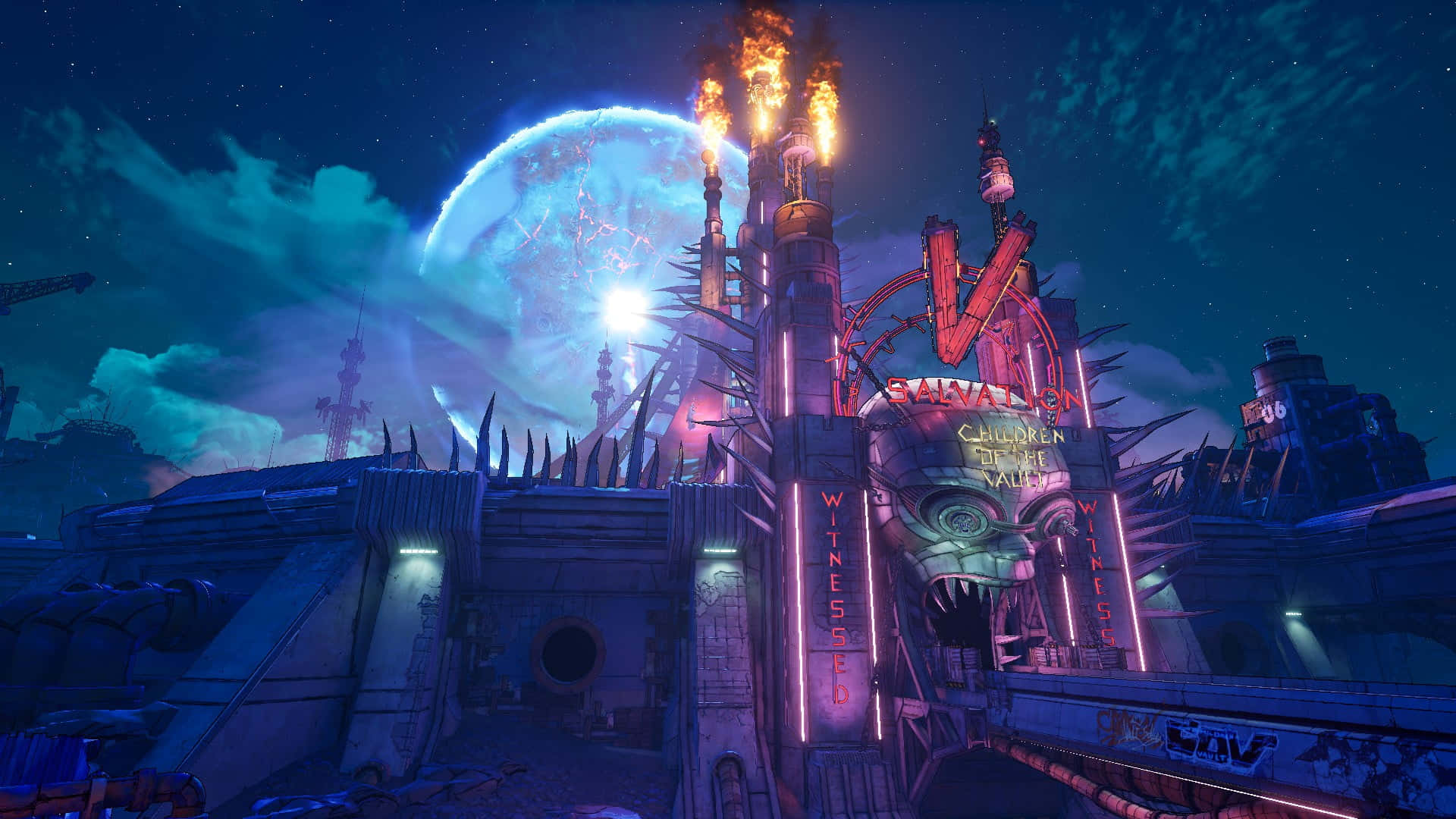 1080p Borderlands 3 桌布 壁紙 — 一座霓虹燈照亮的未來派廢墟，背後有一輪發光的藍色月亮，尖塔頂端有燃燒的火把。