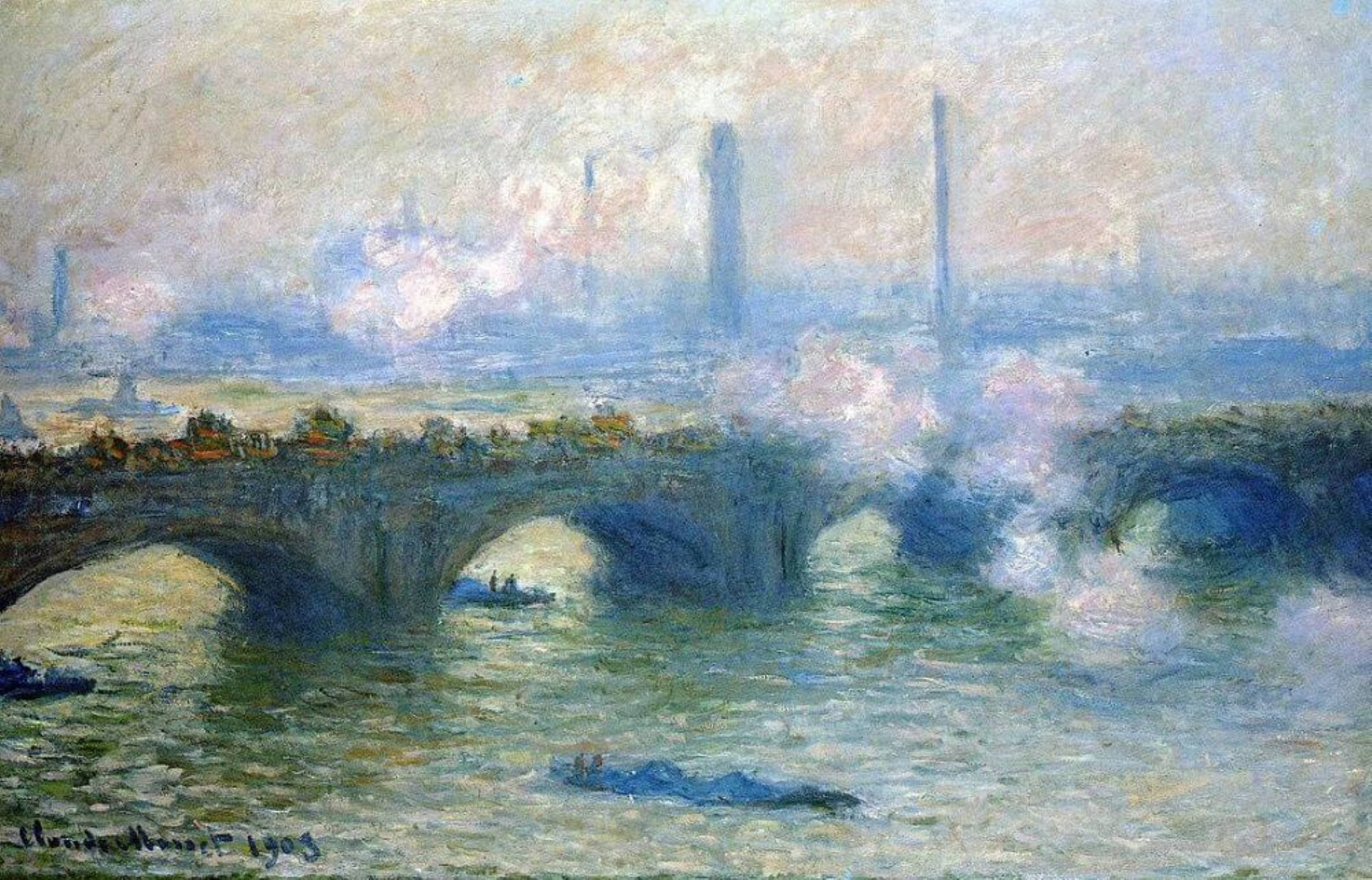Monet 桌布 壁紙 — 一座霧氣瀰漫的印象派橋樑橫跨一條河流，河上有船隻和遠處的工業煙囪，天空朦朧。