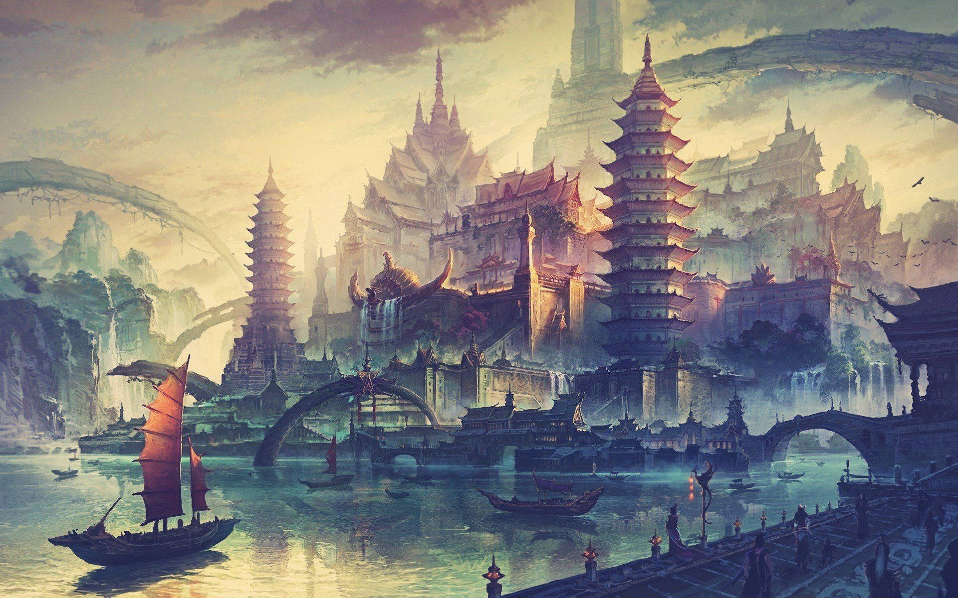 唐人街 桌布 壁紙 — 一座霧氣瀰漫的奇幻城市，層疊的寶塔和拱橋漂浮在水面上，帆船在金色天空下滑行。