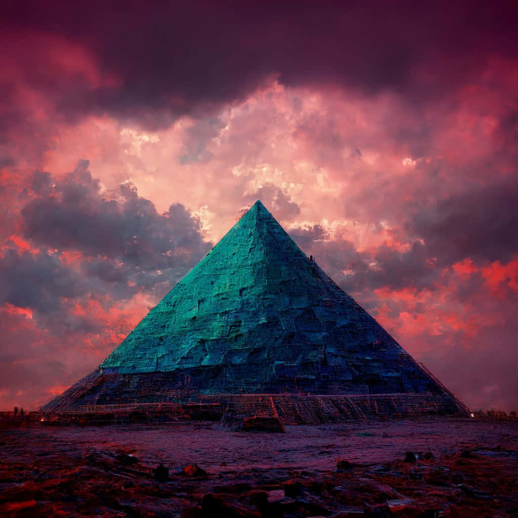 pyramid 桌布 壁紙 — 一座青綠色的金字塔在戲劇性的粉紅色和紫色日落天空下巍然聳立，天空中有紋理豐富的雲彩。