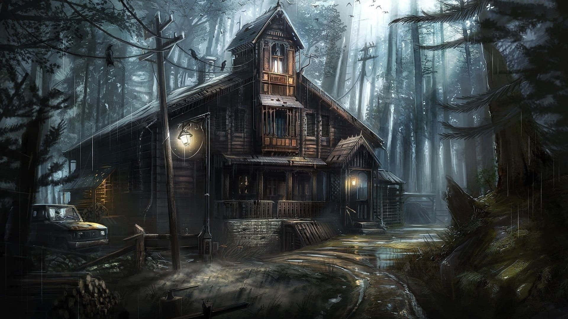 haunted 桌布 壁紙 — 一座風化的木屋，窗戶發光，孤立在夜晚霧氣瀰漫、雨水浸透的森林中。