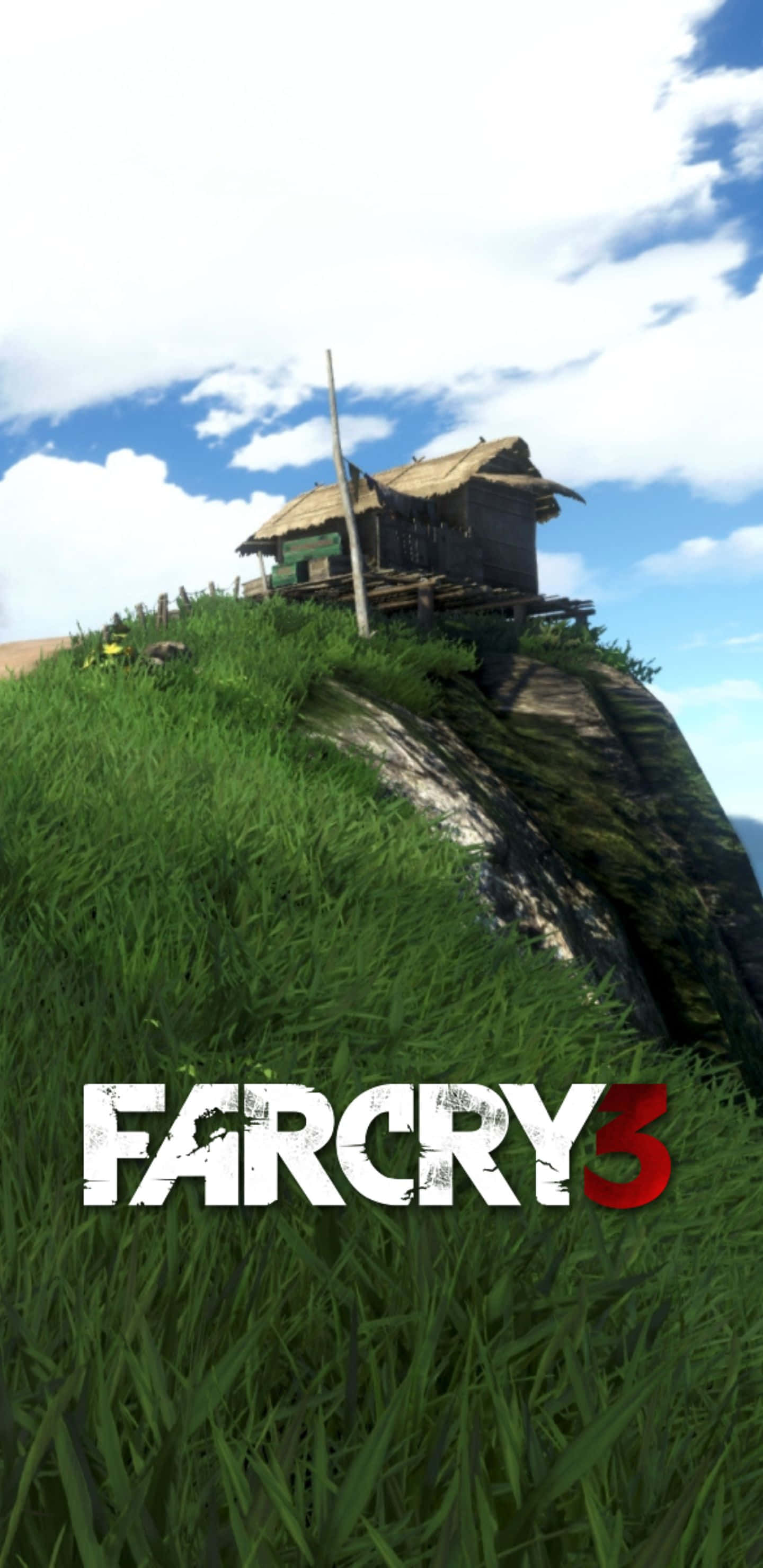 Pixel 3xl Far Cry 3 桌布 壁紙 — 一座風化的木棚坐落在長滿青草的懸崖上，頭頂是藍天白雲。