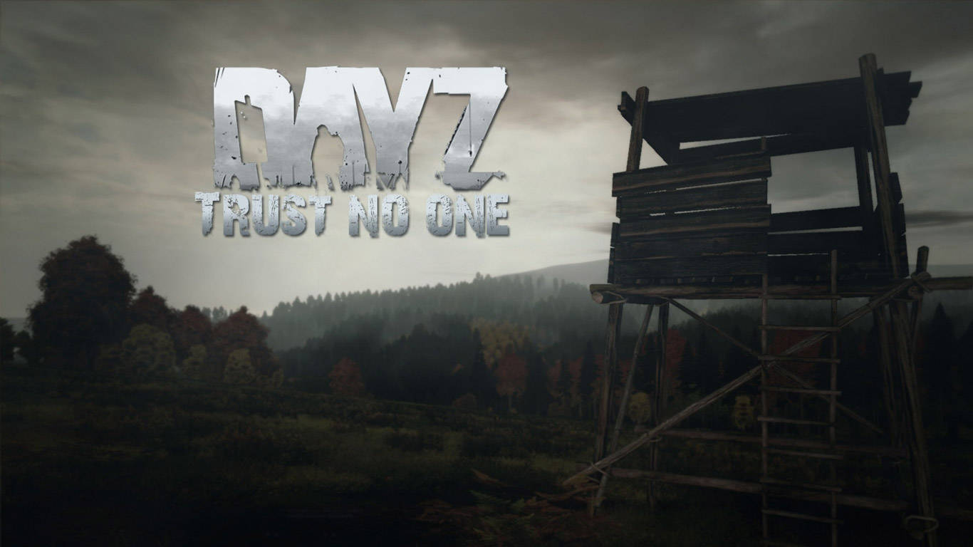 DayZ 桌布 壁紙 — 一座風化的木製瞭望塔矗立在迷霧森林中，陰沉天空下，遊戲標題 DayZ Trust No One 醒目地展示。