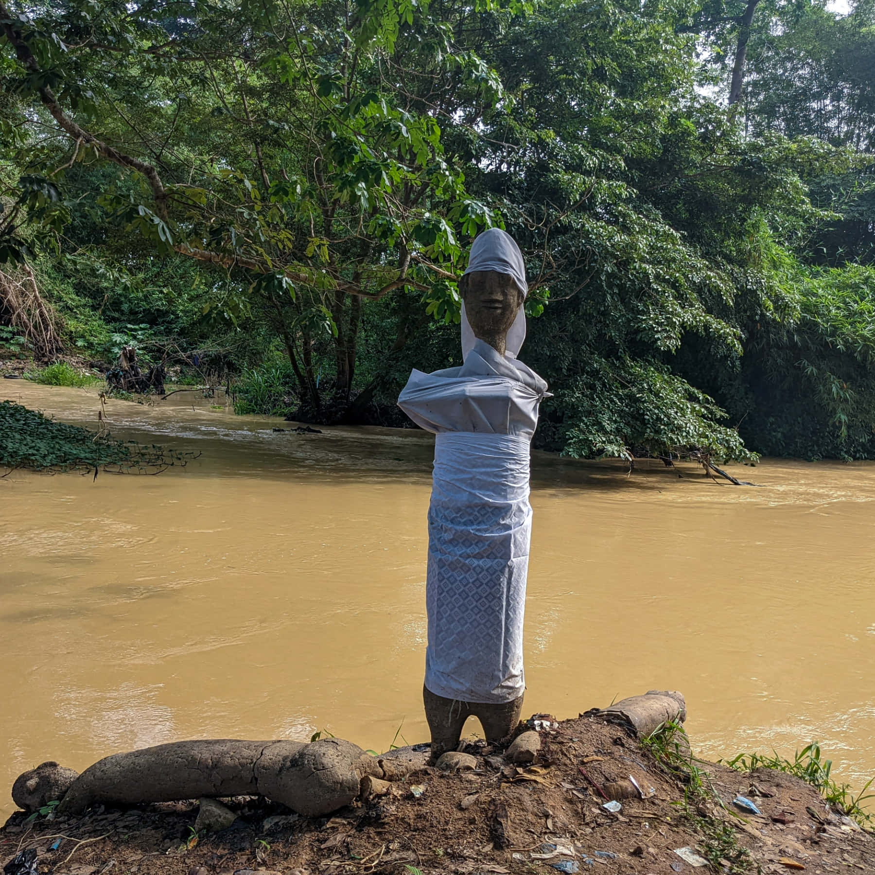river 桌布 壁紙 — 一座風化的木雕像披著白布，莊嚴地站在泥濘的河岸上，周圍是茂密的綠樹。